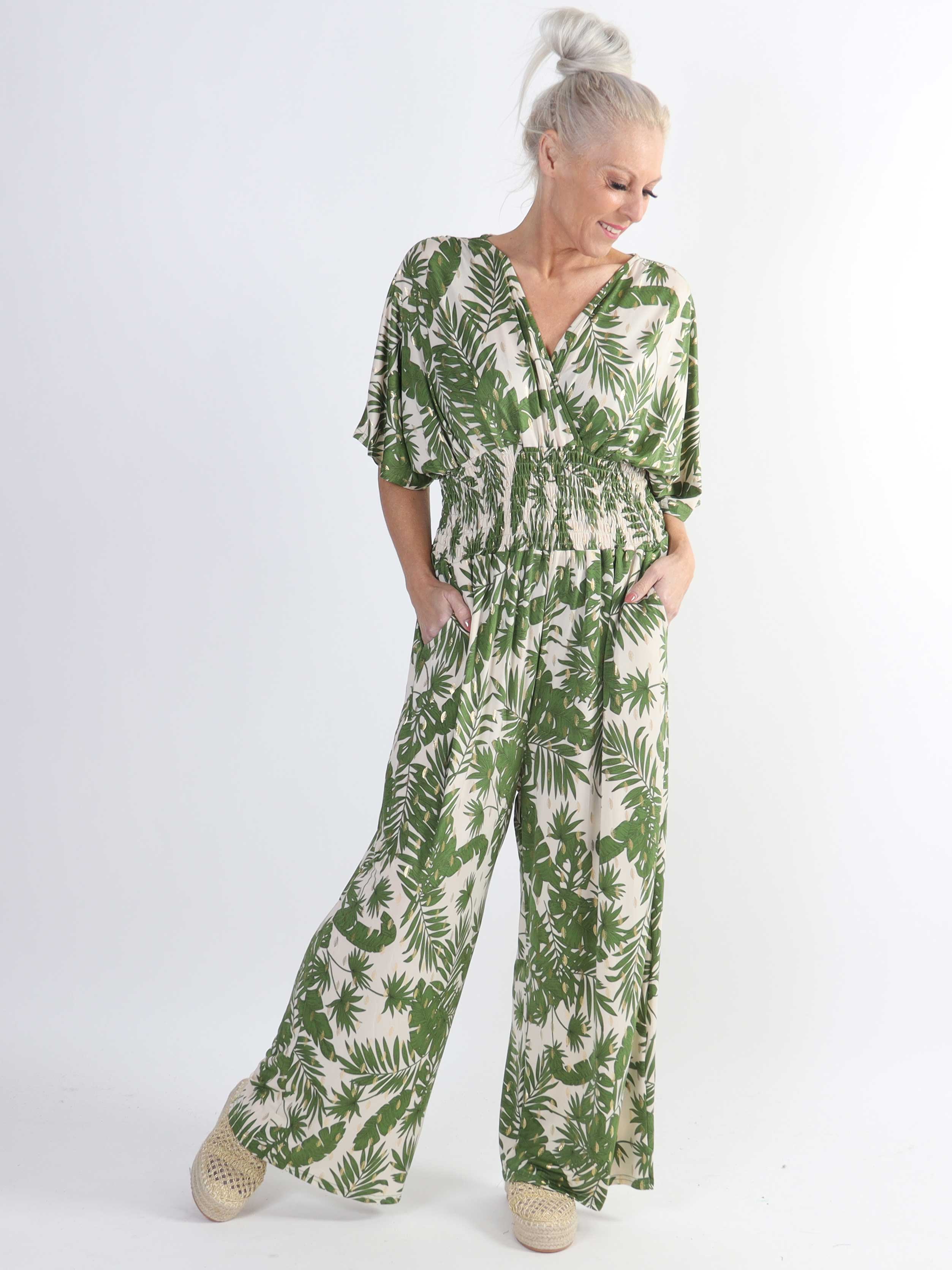 Pams Gold Leaf Jumpsuit - Elastisk plus size buksedragt med bladmønster