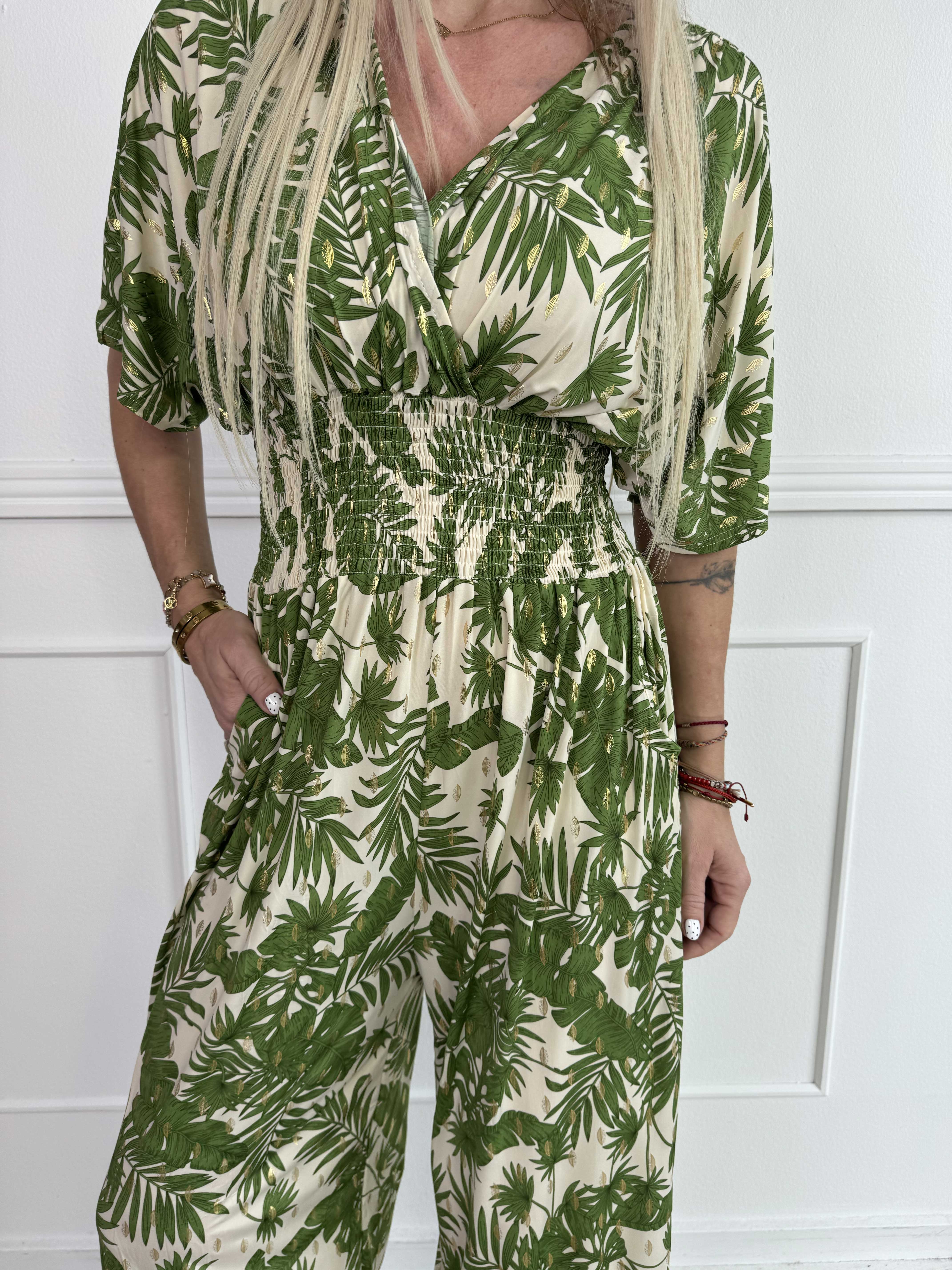 Pams Gold Leaf Jumpsuit - Elastisk buksedragt med blad mønster og guld dutter