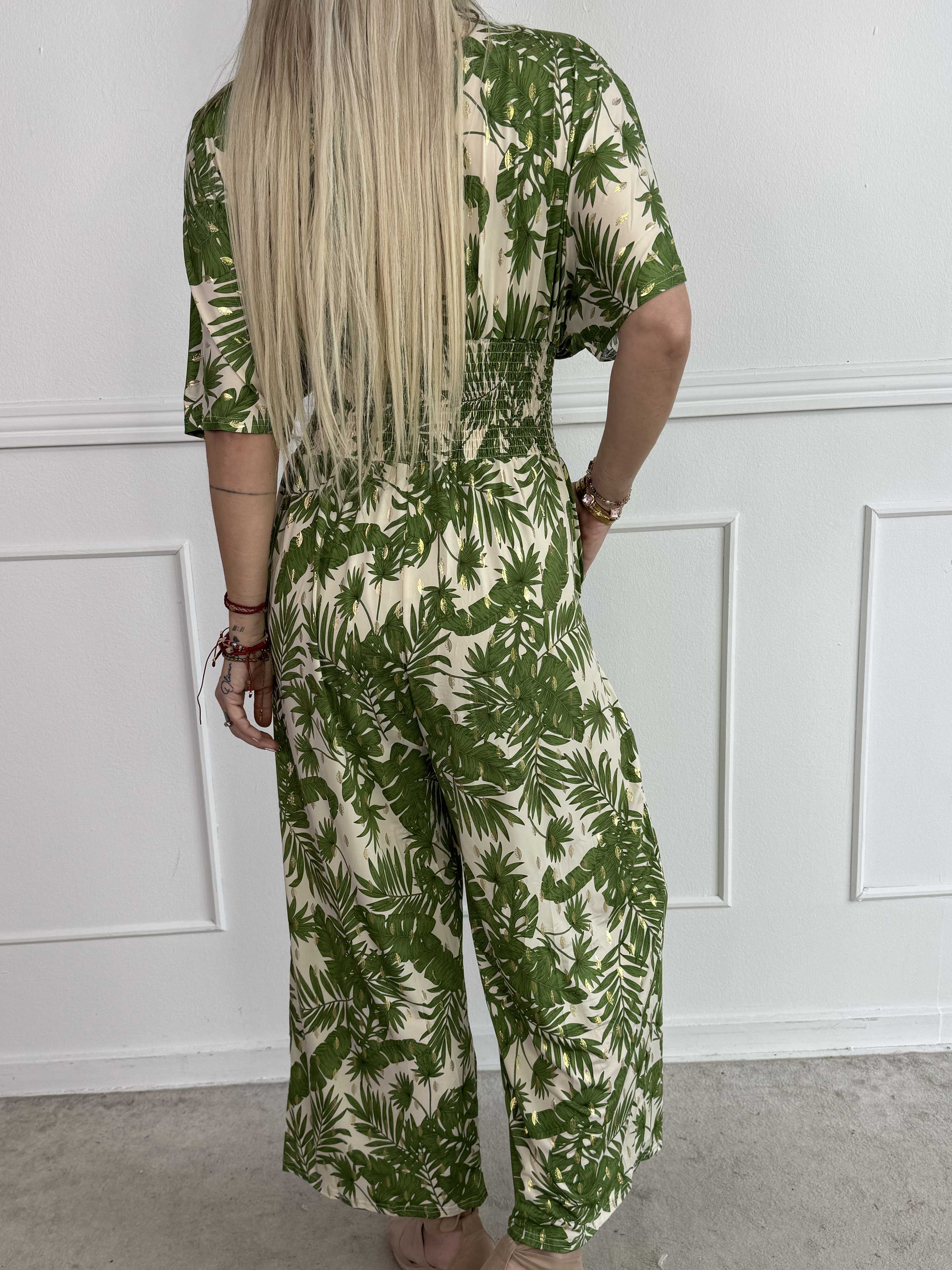 Pams Gold Leaf Jumpsuit - Elastisk buksedragt med blad mønster og guld dutter