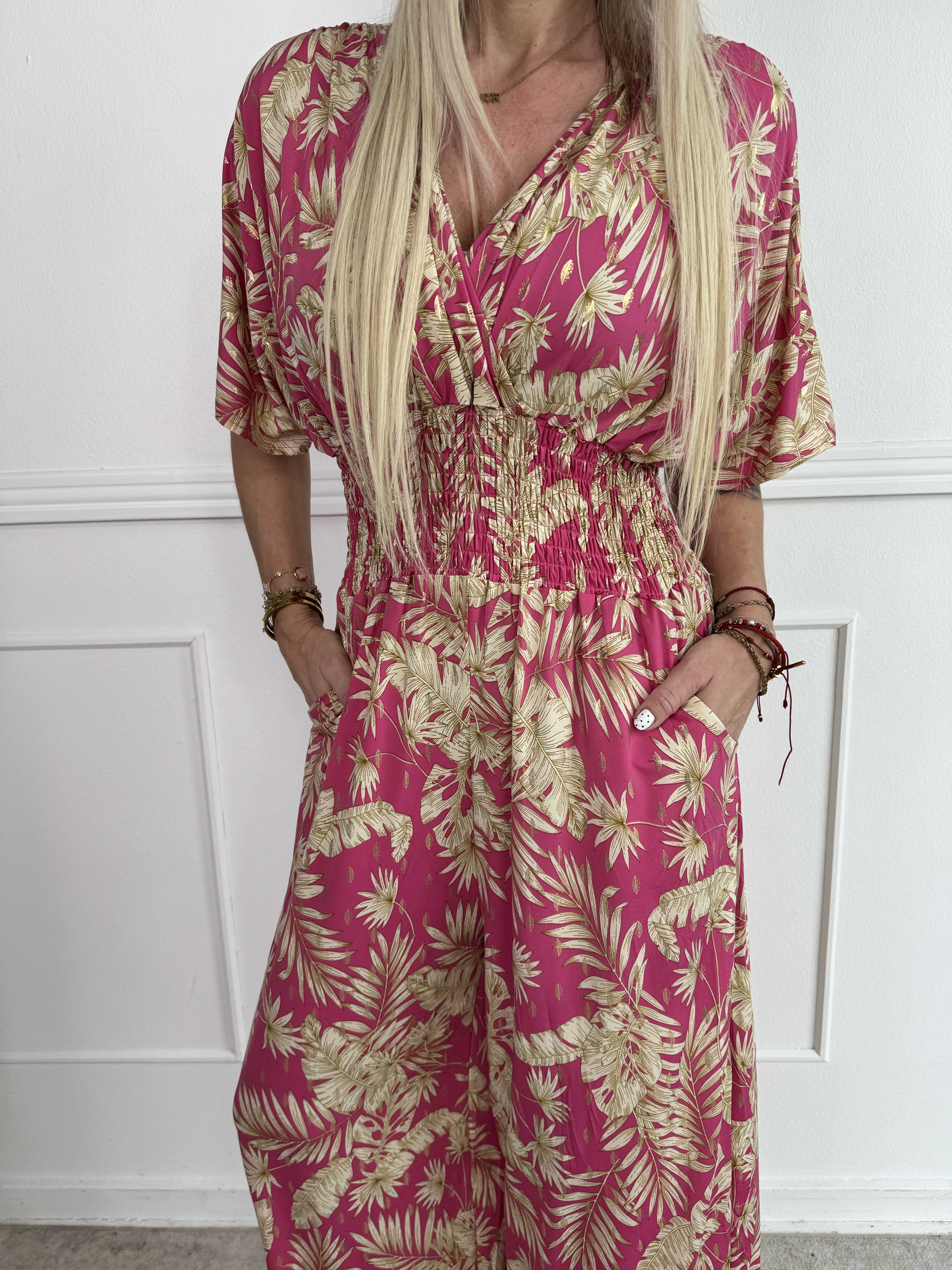 Pams Gold Leaf Jumpsuit - Elastisk buksedragt med blad mønster og guld dutter