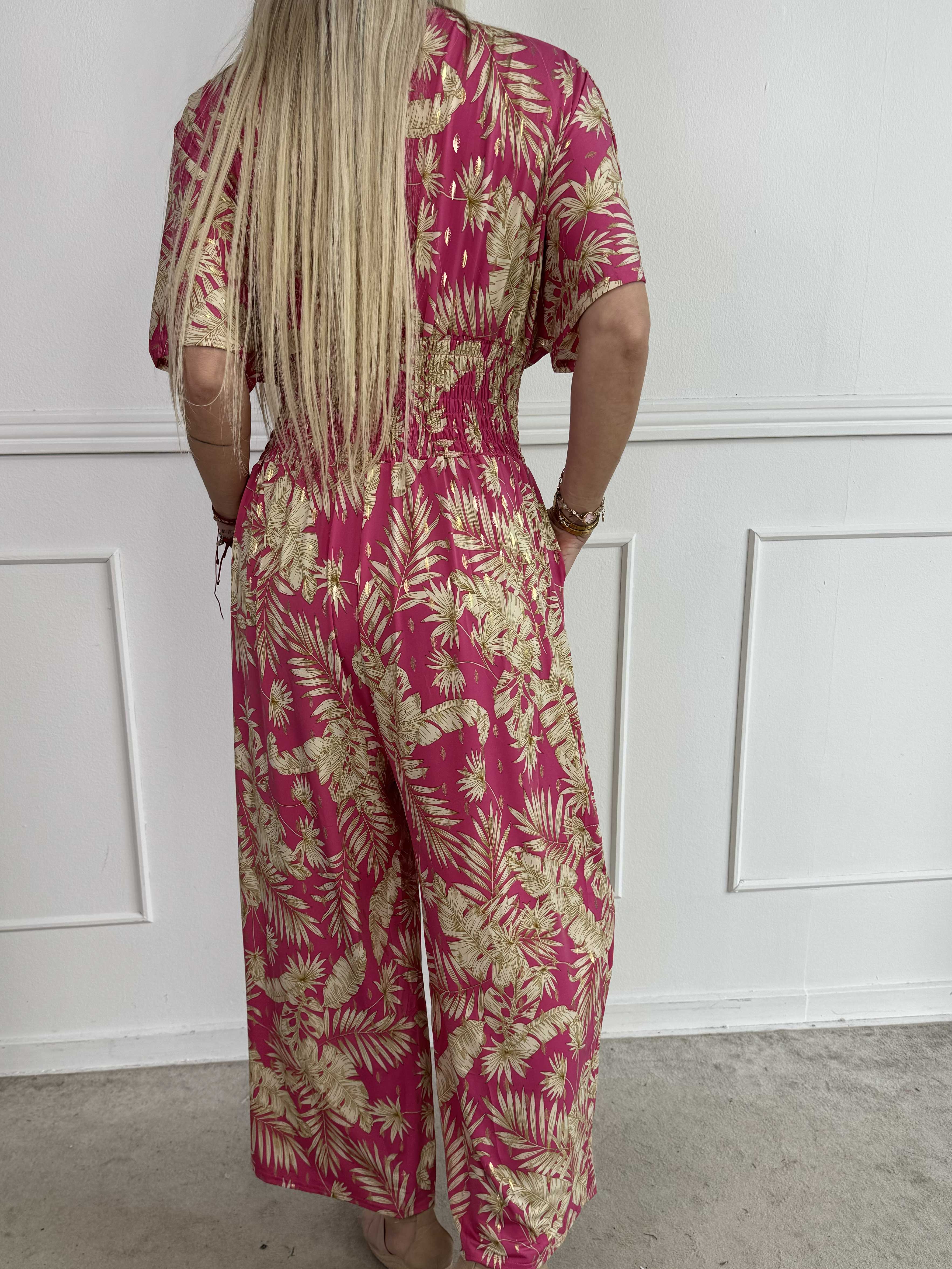 Pams Gold Leaf Jumpsuit - Elastisk buksedragt med blad mønster og guld dutter