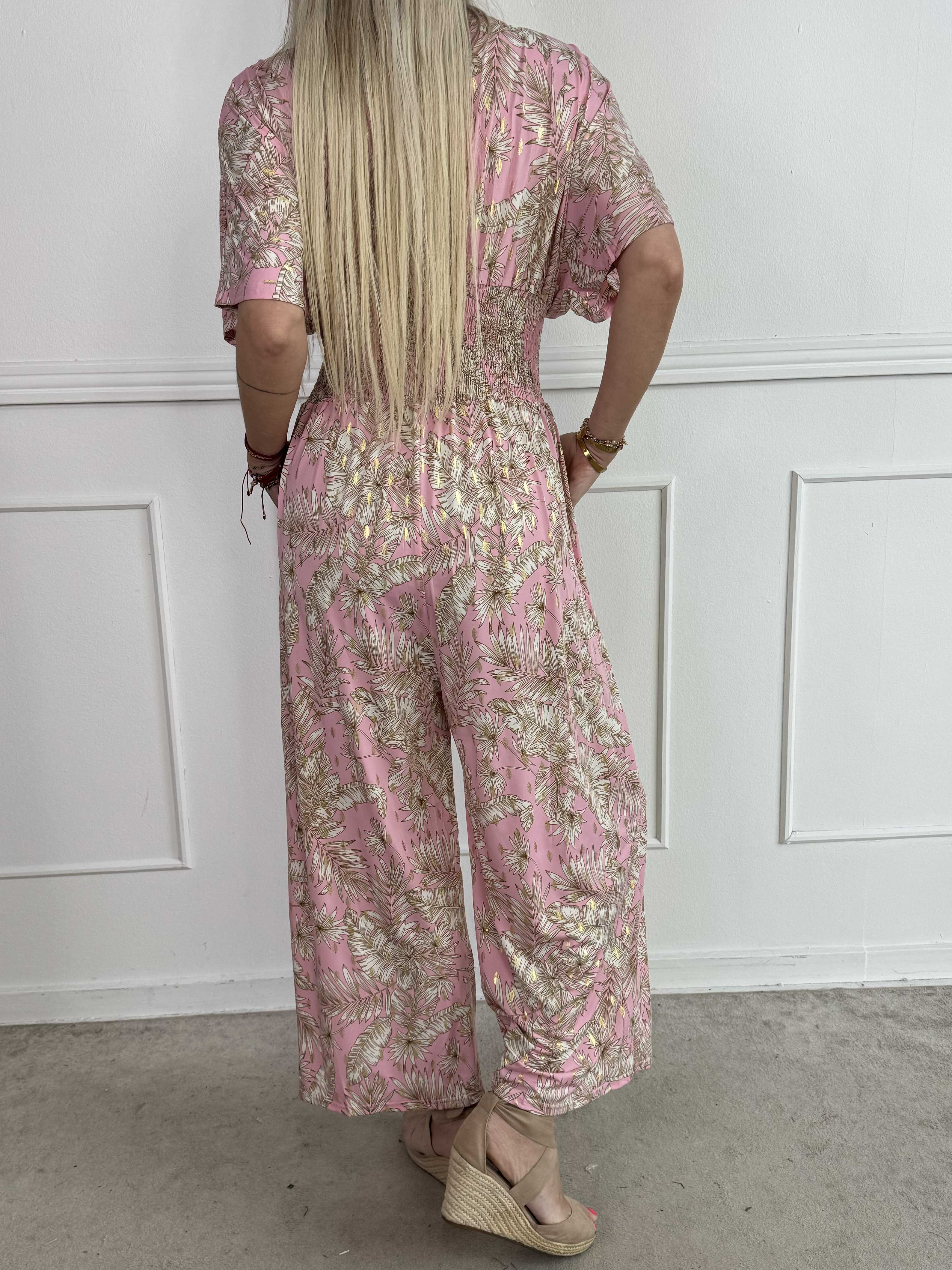 Pams Gold Leaf Jumpsuit - Elastisk buksedragt med blad mønster og guld dutter