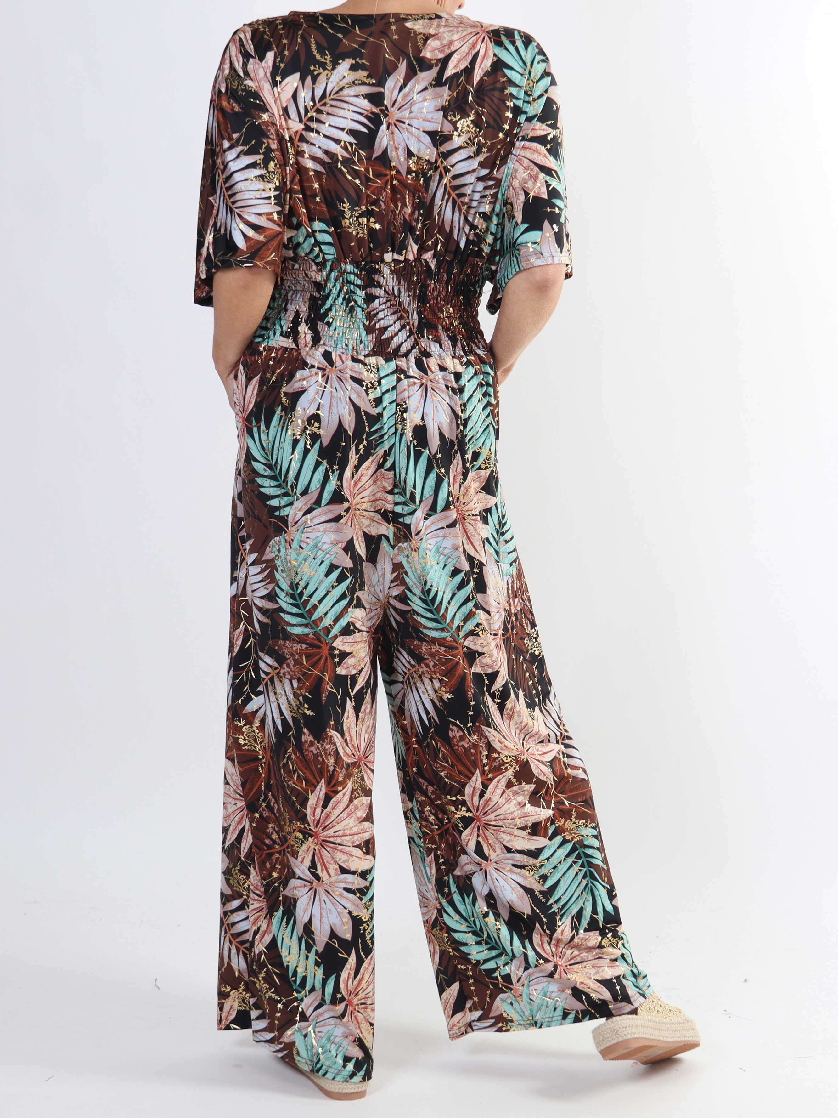 Pams Leaf Jumpsuit - Elastisk plus size buksedragt med bladmønster