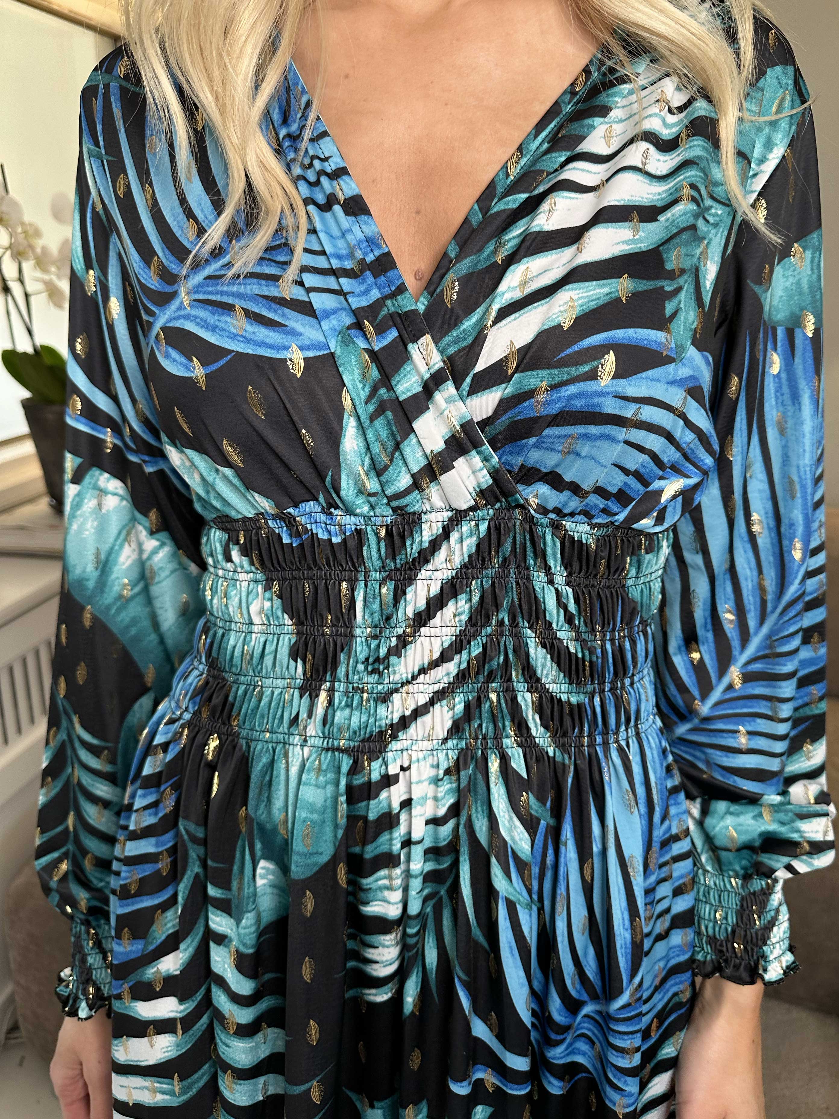 Pams Leaf Short L/S - Elastisk mønstret kjole i krølfrit stof