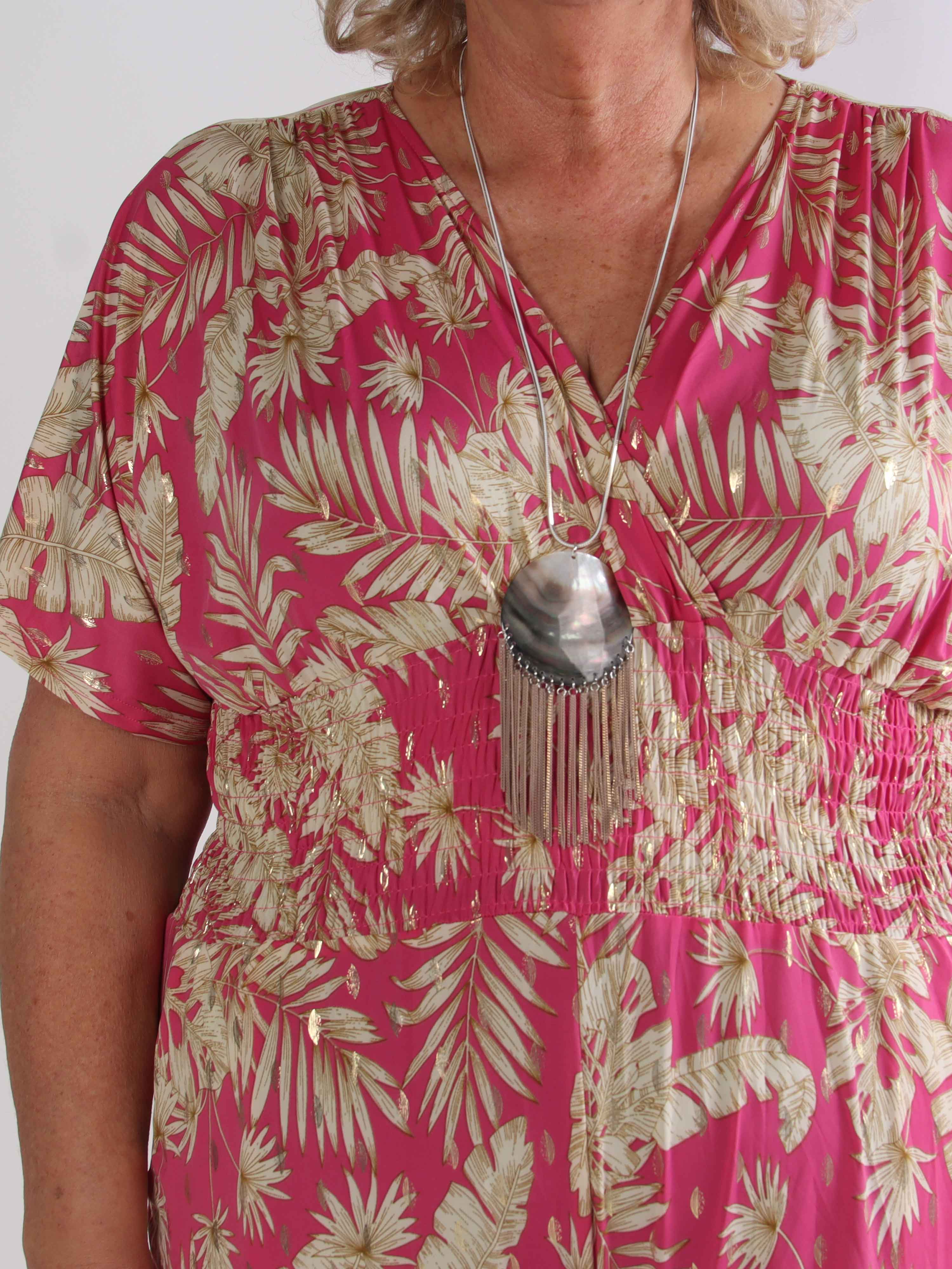 Pams Gold Leaf Jumpsuit - Plus size buksedragt med blad mønster og guld dutter