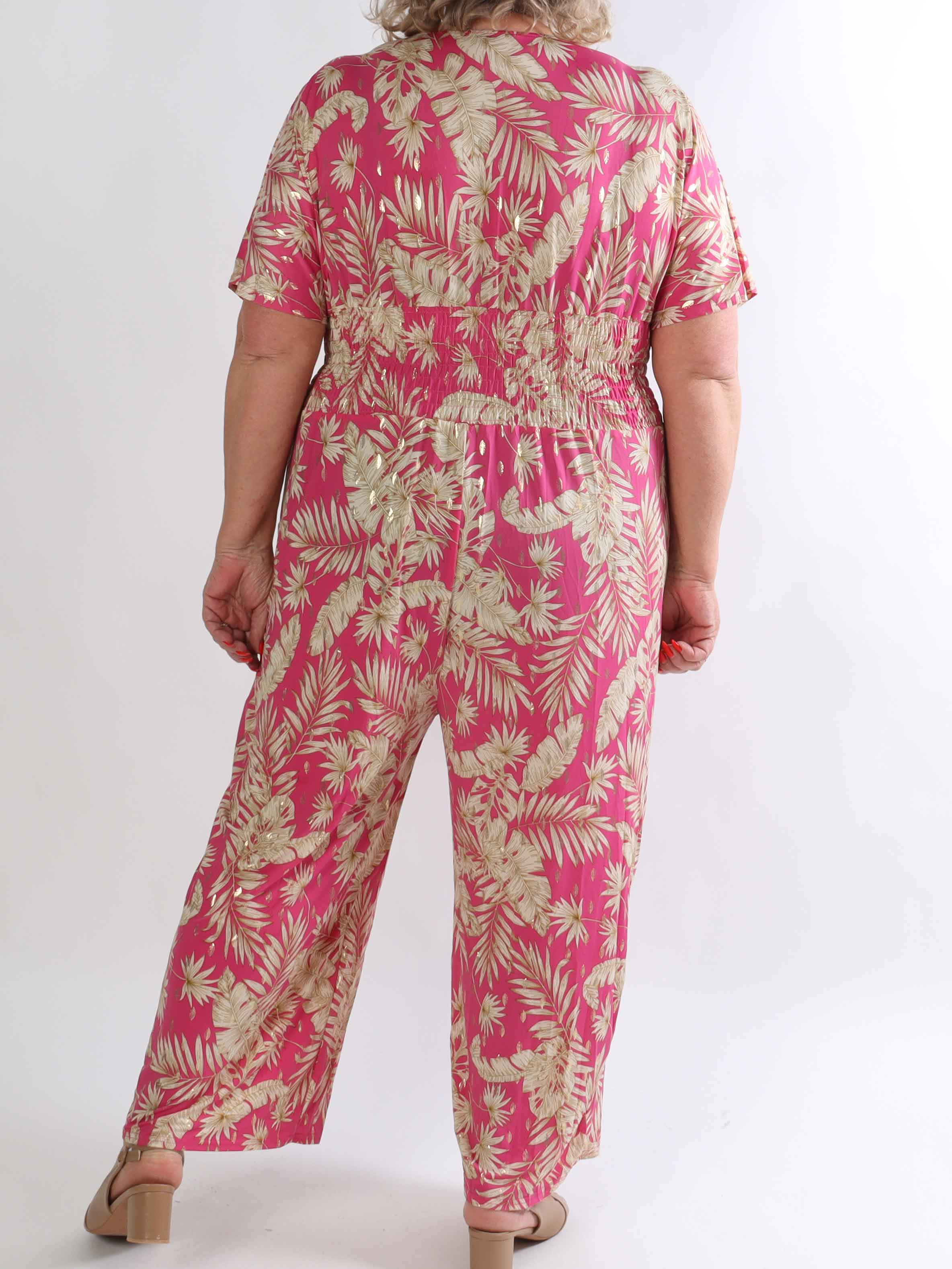 Pams Gold Leaf Jumpsuit - Plus size buksedragt med blad mønster og guld dutter