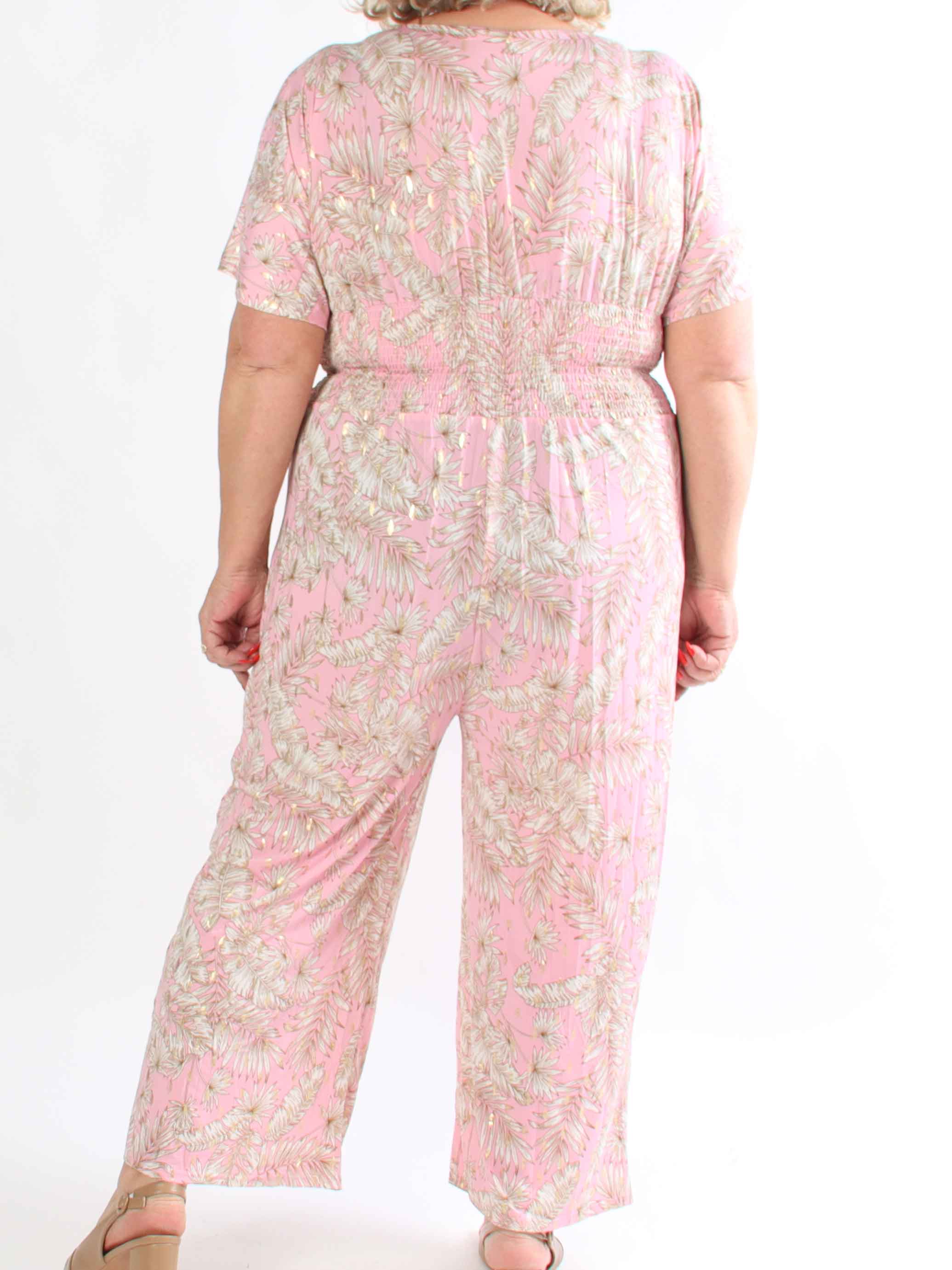 Pams Gold Leaf Jumpsuit - Plus size buksedragt med blad mønster og guld dutter