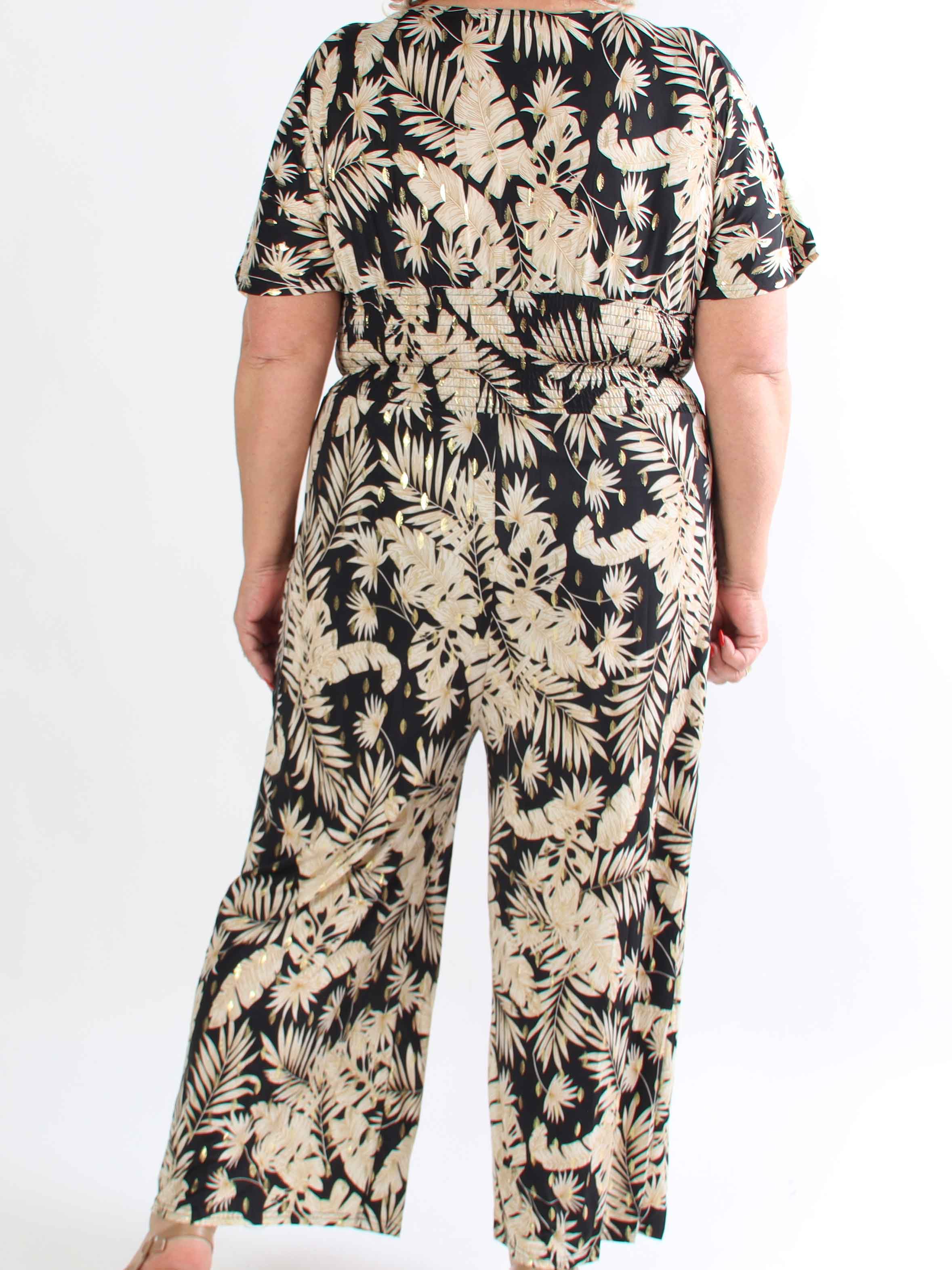 Pams Gold Leaf Jumpsuit - Plus size buksedragt med blad mønster og guld dutter