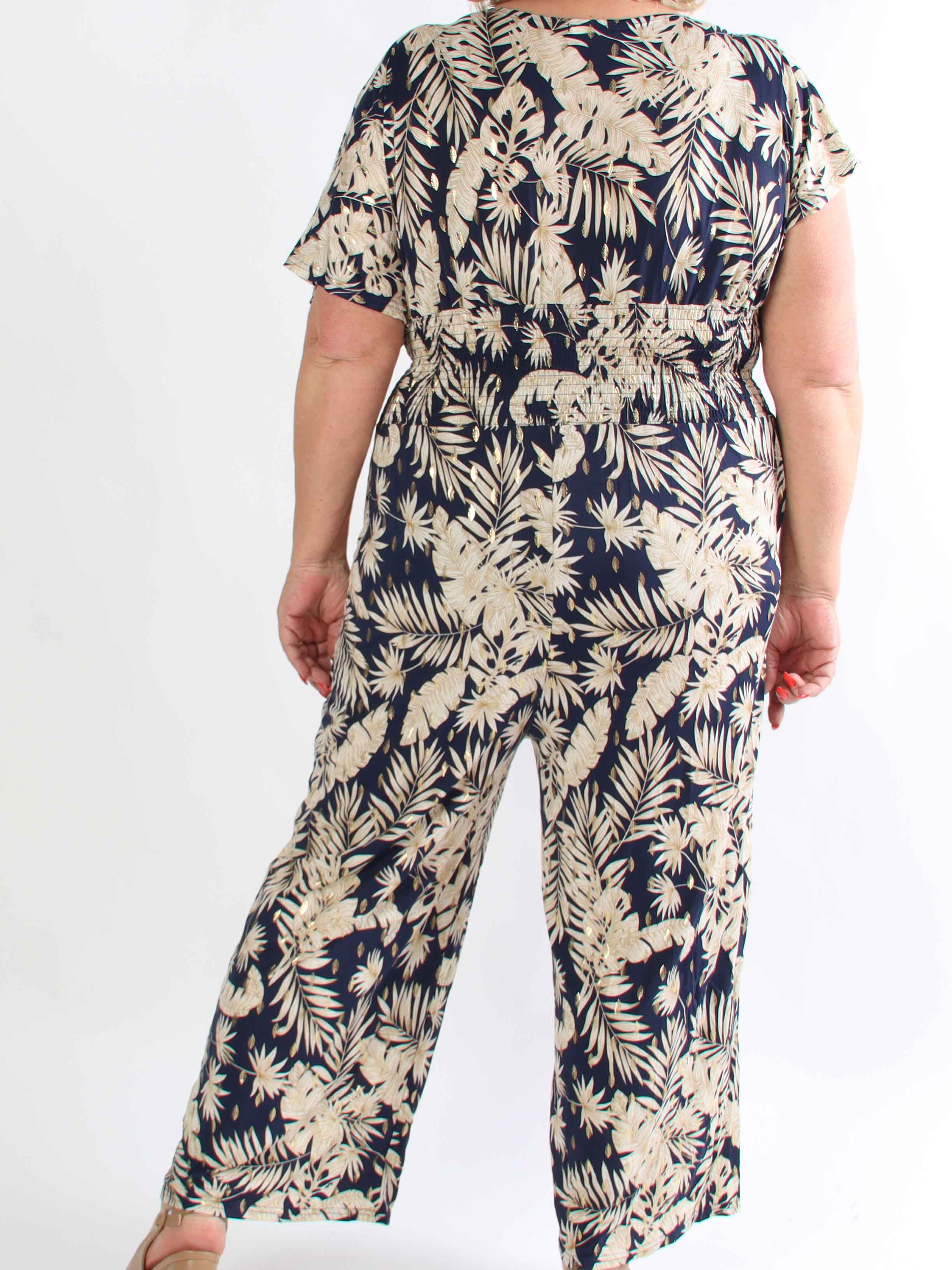Pams Gold Leaf Jumpsuit - Plus size buksedragt med blad mønster og guld dutter