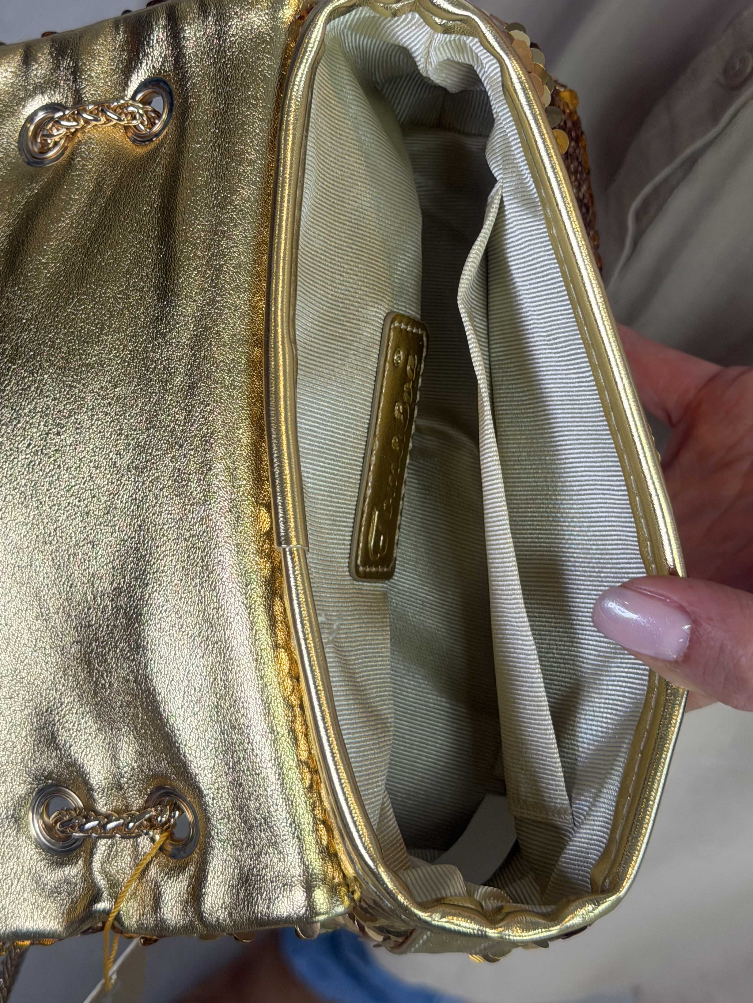 Timian - Lille skuldertaske i pailletter med guldkæde