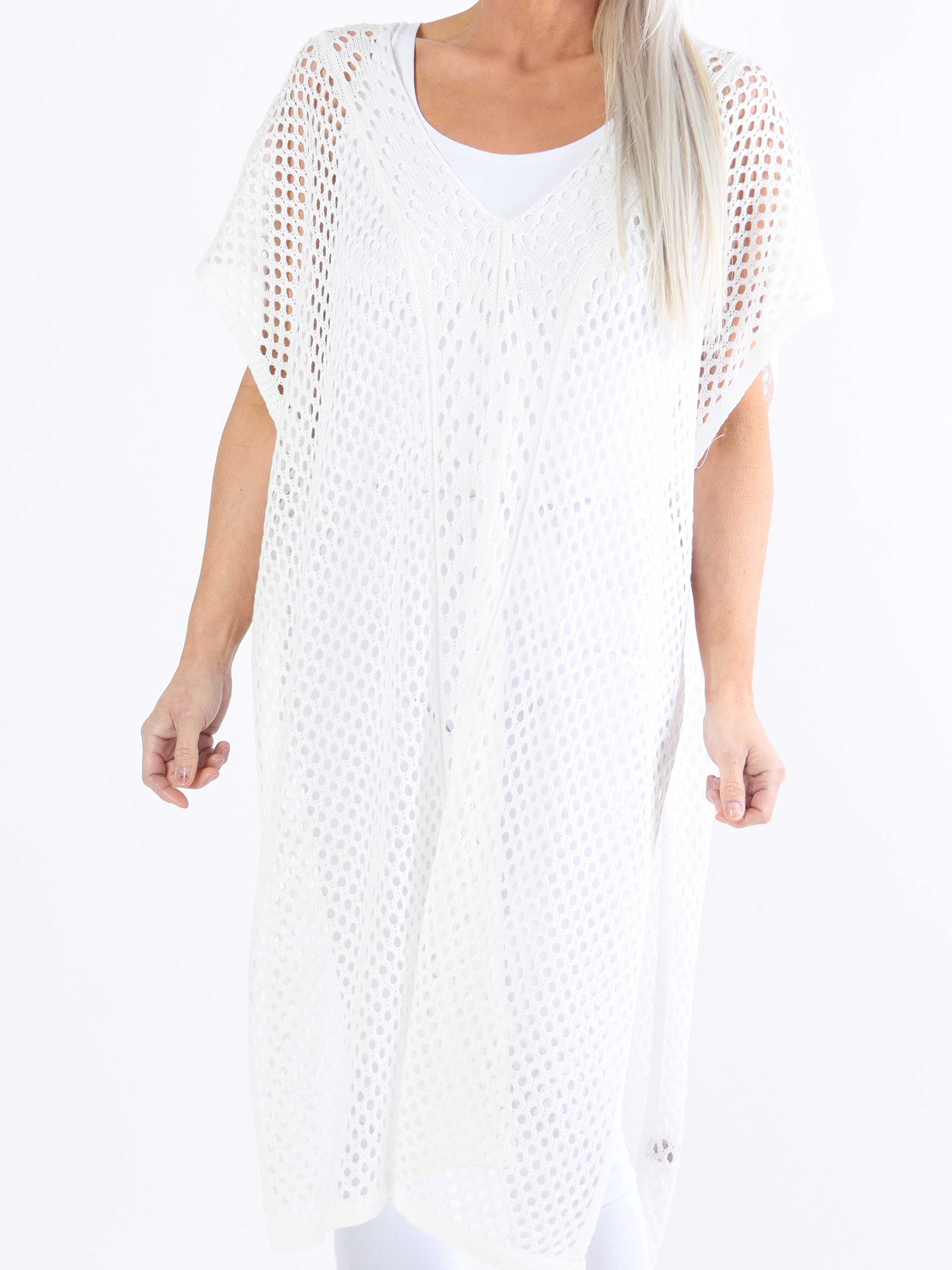 Angelle - Lang plus size tunika i strik med hulmønster