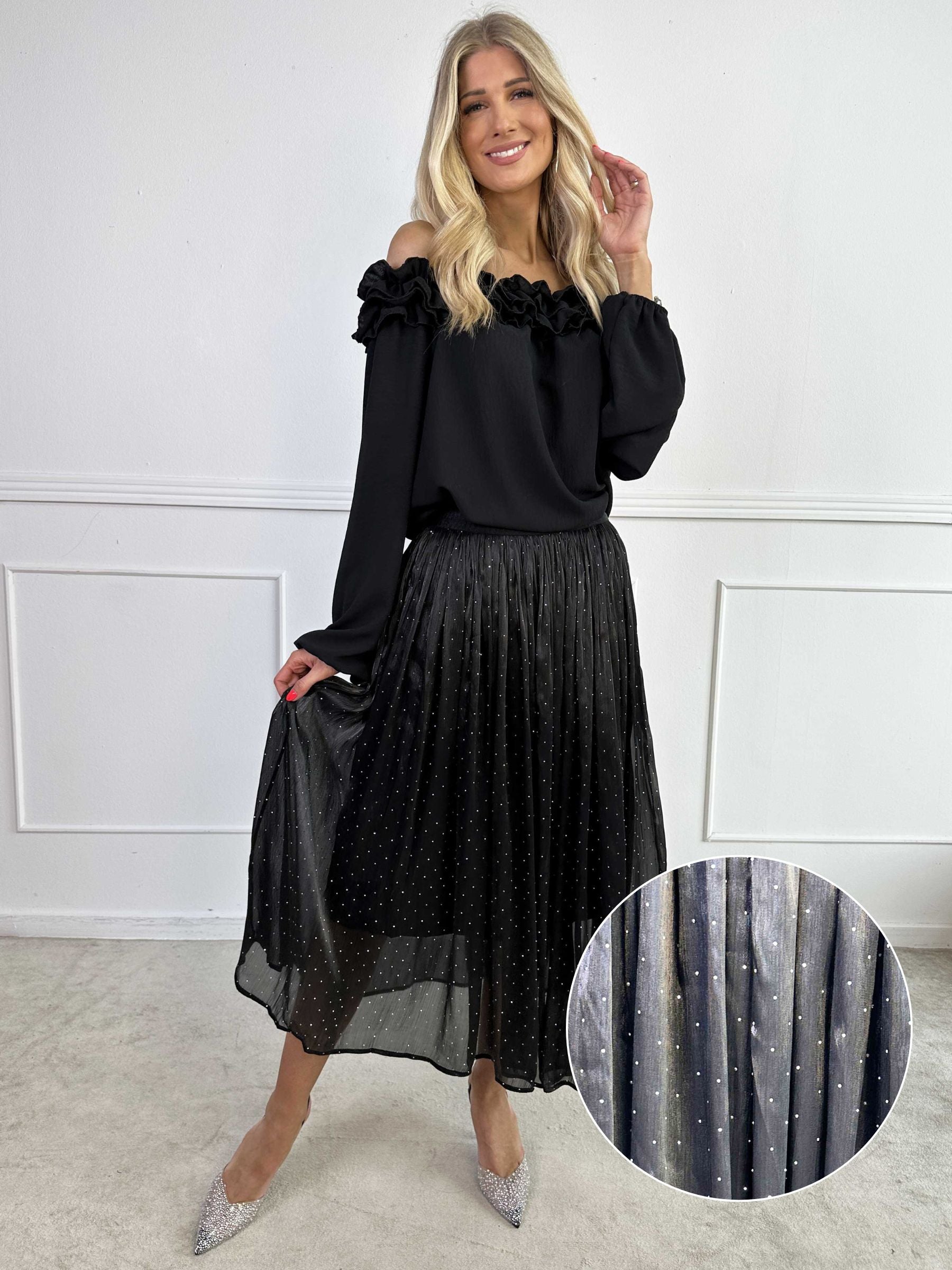 Afrodite - Feminin nederdel i shiny stof med similisten