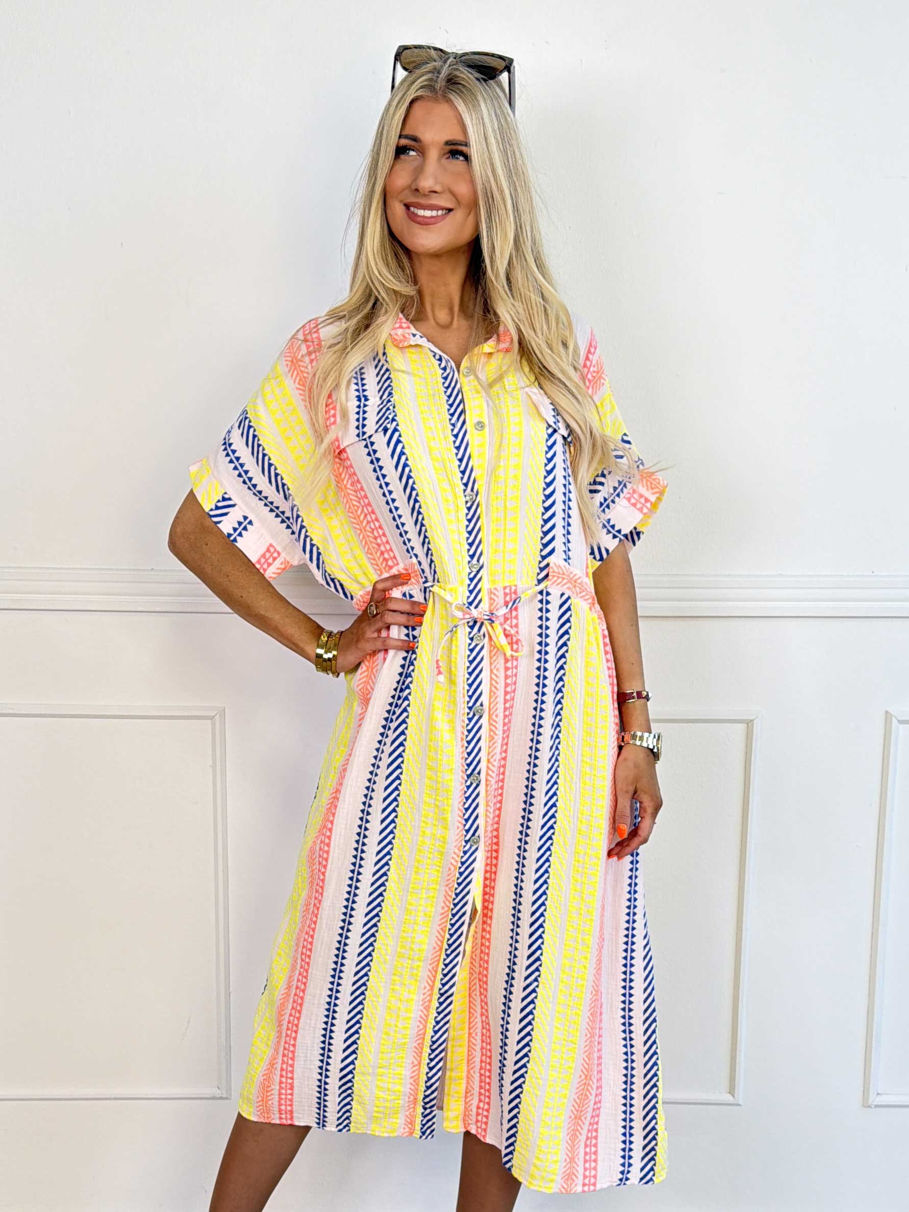 Aleftine - Lang skjortekjole i bomuld med neonstriber