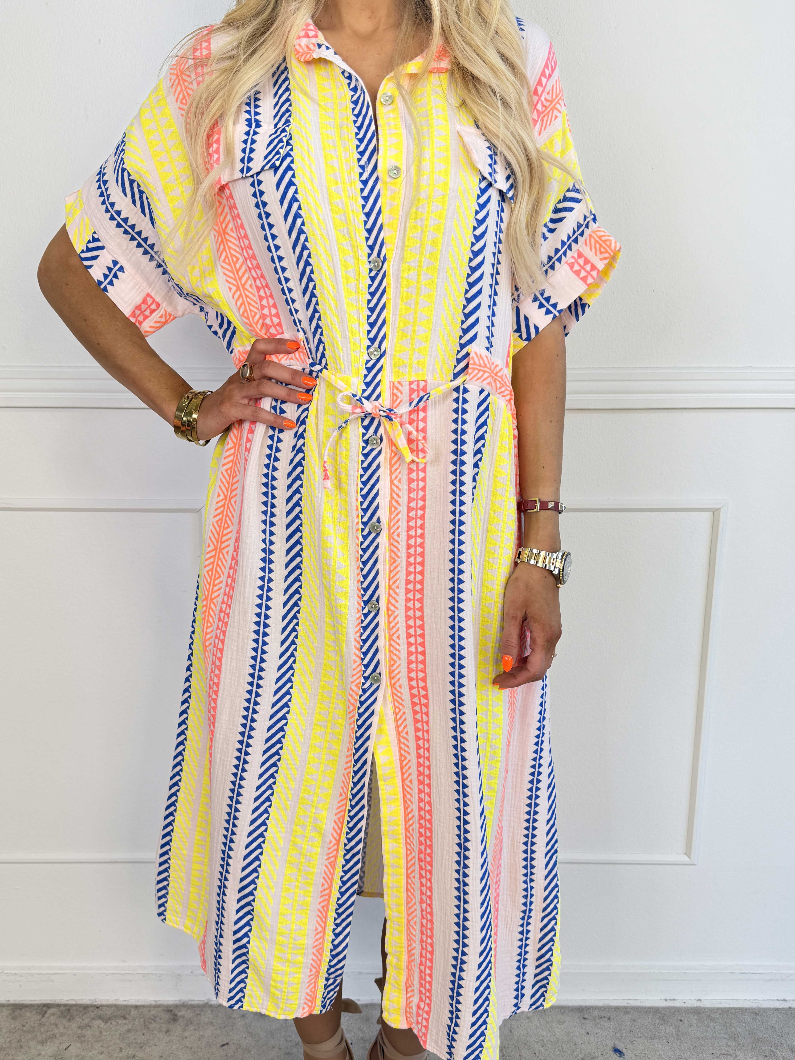 Aleftine - Lang skjortekjole i bomuld med neonstriber