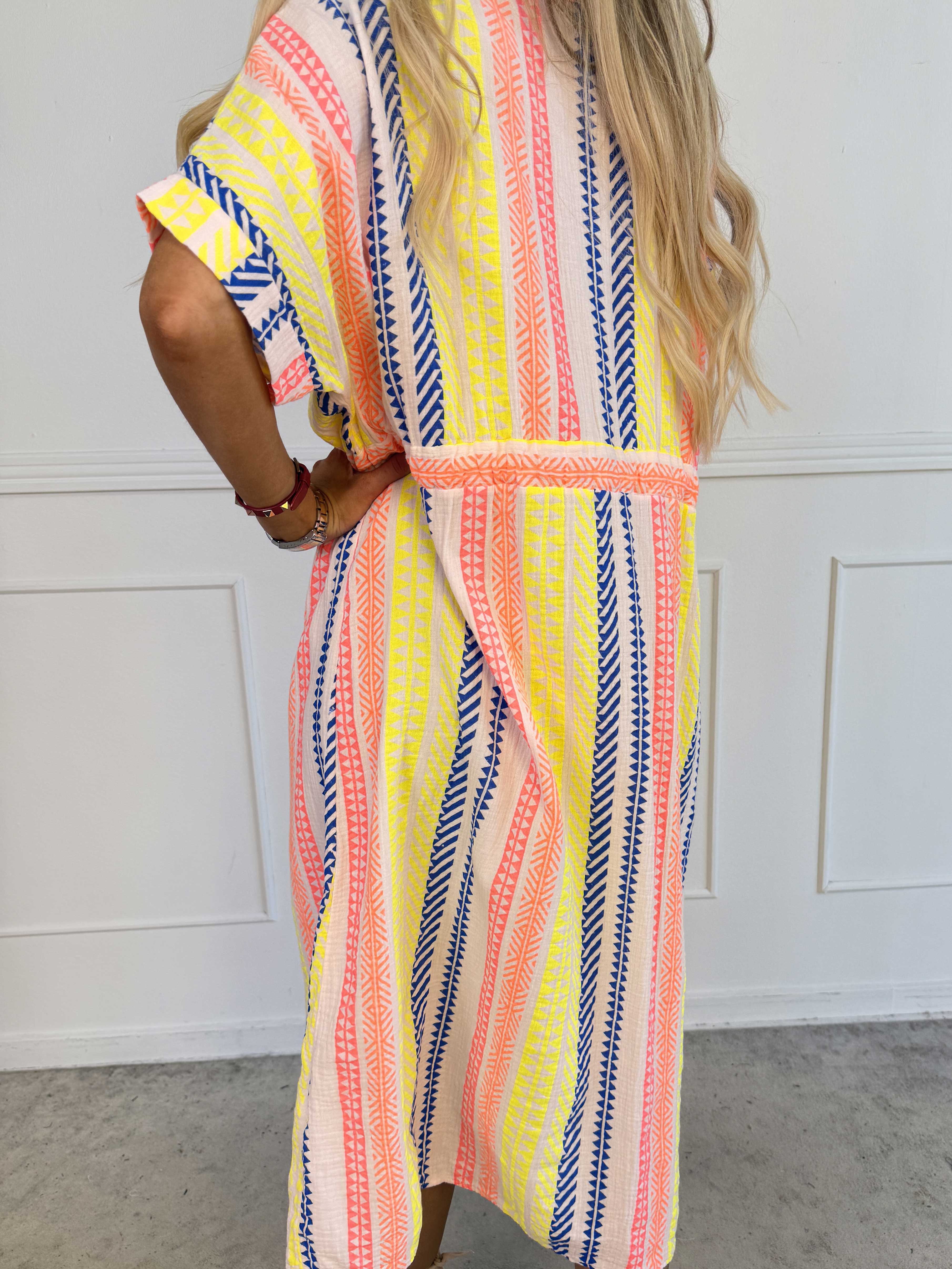 Aleftine - Lang skjortekjole i bomuld med neonstriber