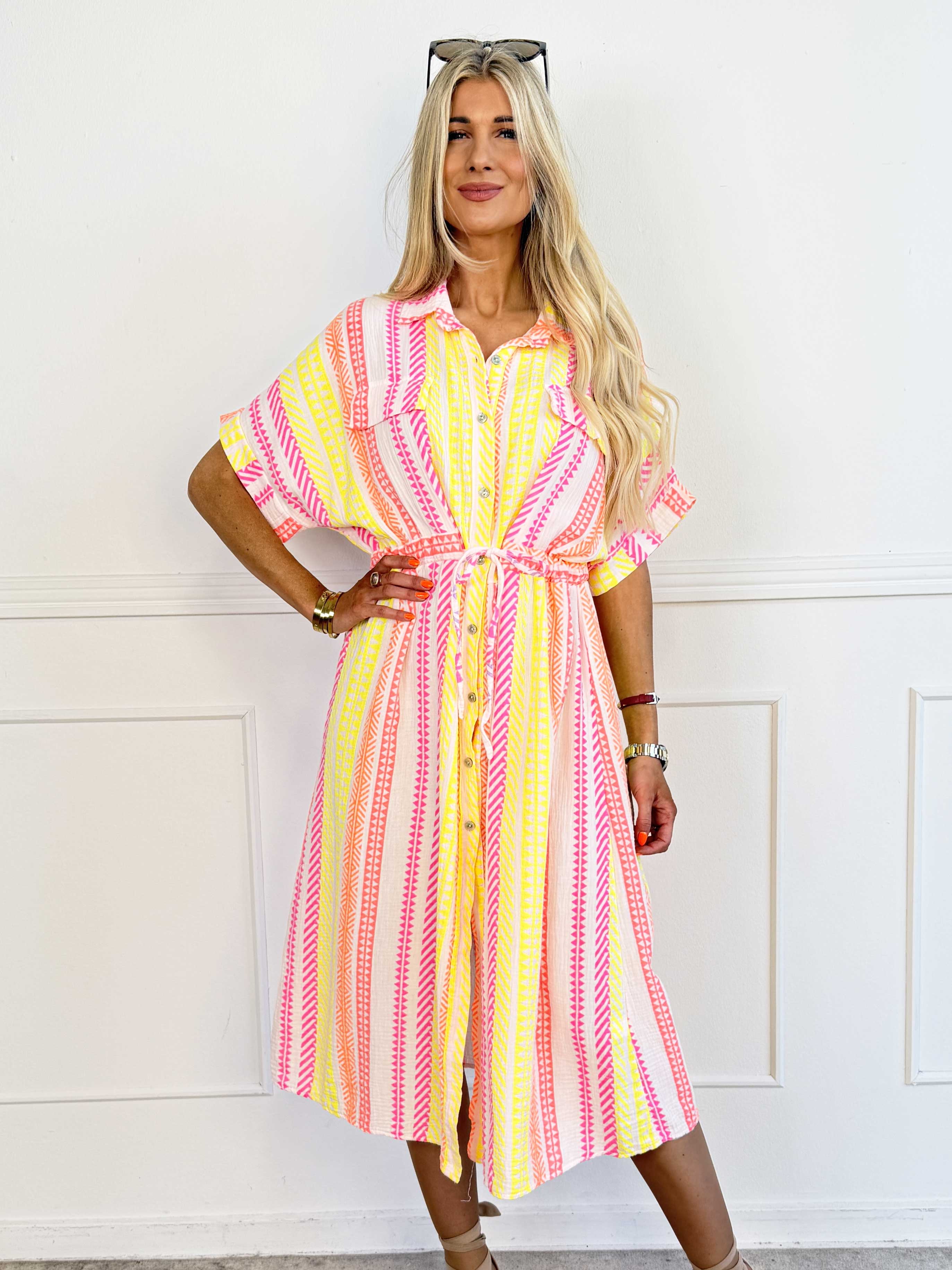 Aleftine - Lang skjortekjole i bomuld med neonstriber