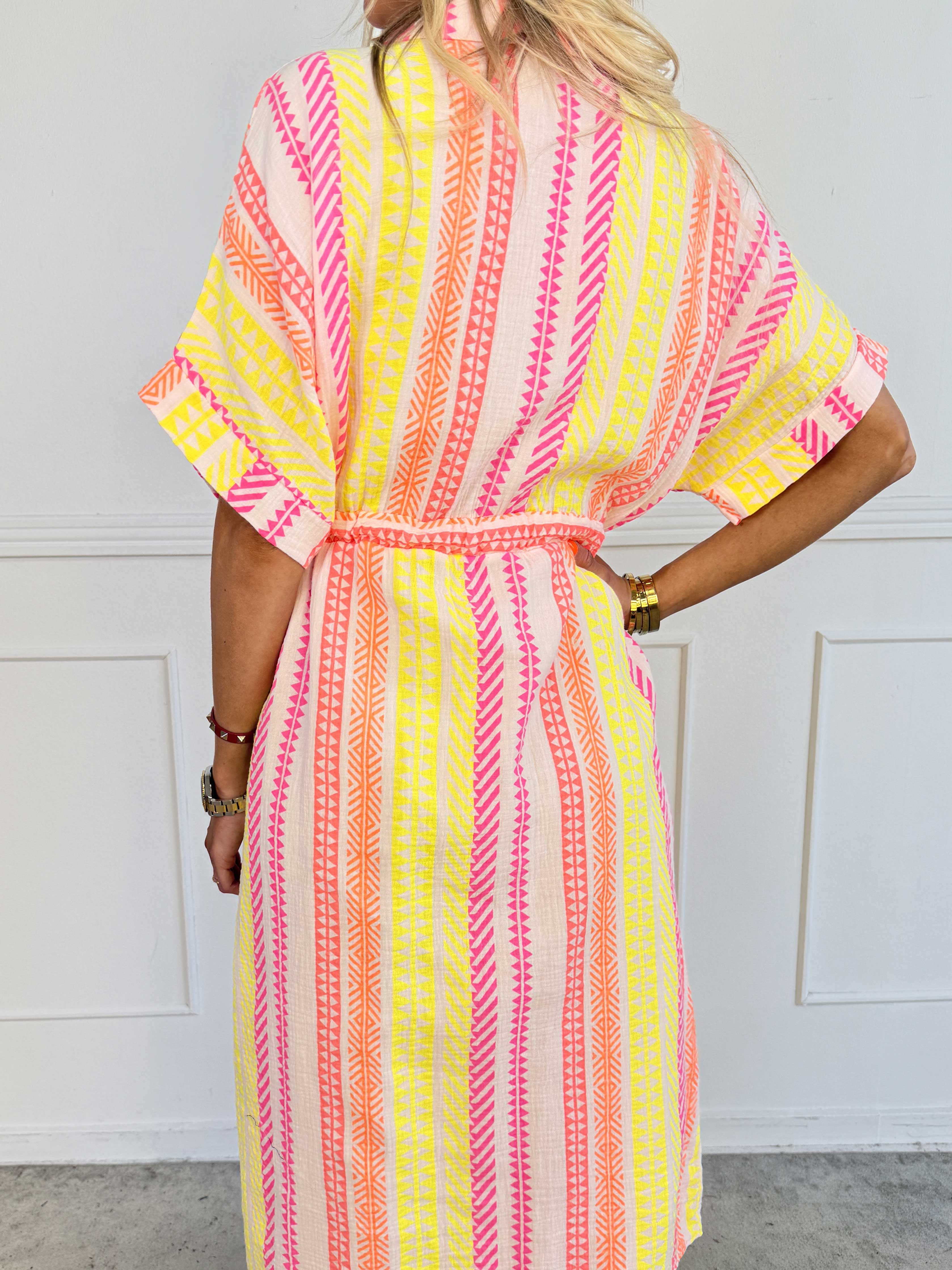 Aleftine - Lang skjortekjole i bomuld med neonstriber