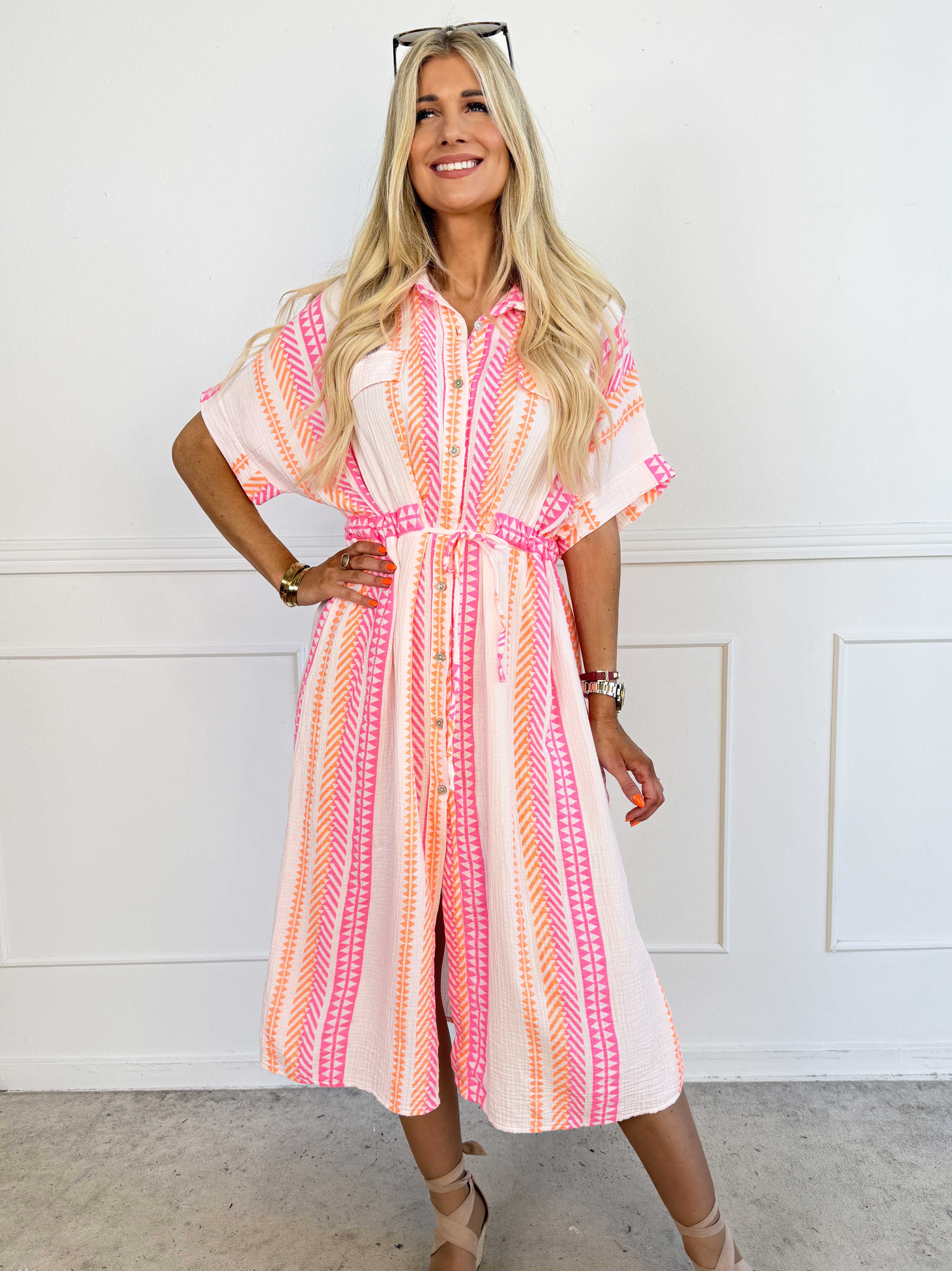 Aleftine - Lang skjortekjole i bomuld med neonstriber