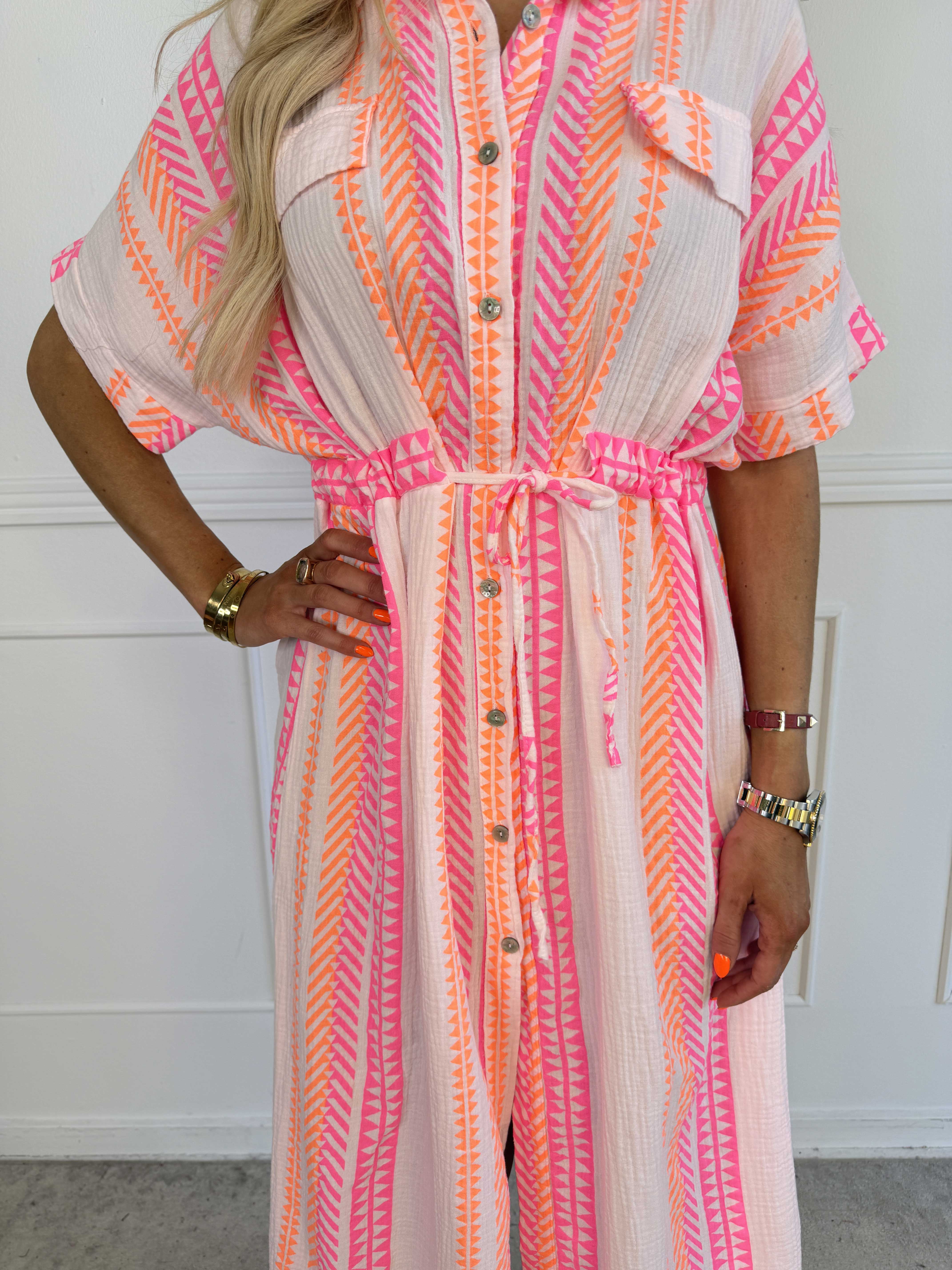 Aleftine - Lang skjortekjole i bomuld med neonstriber