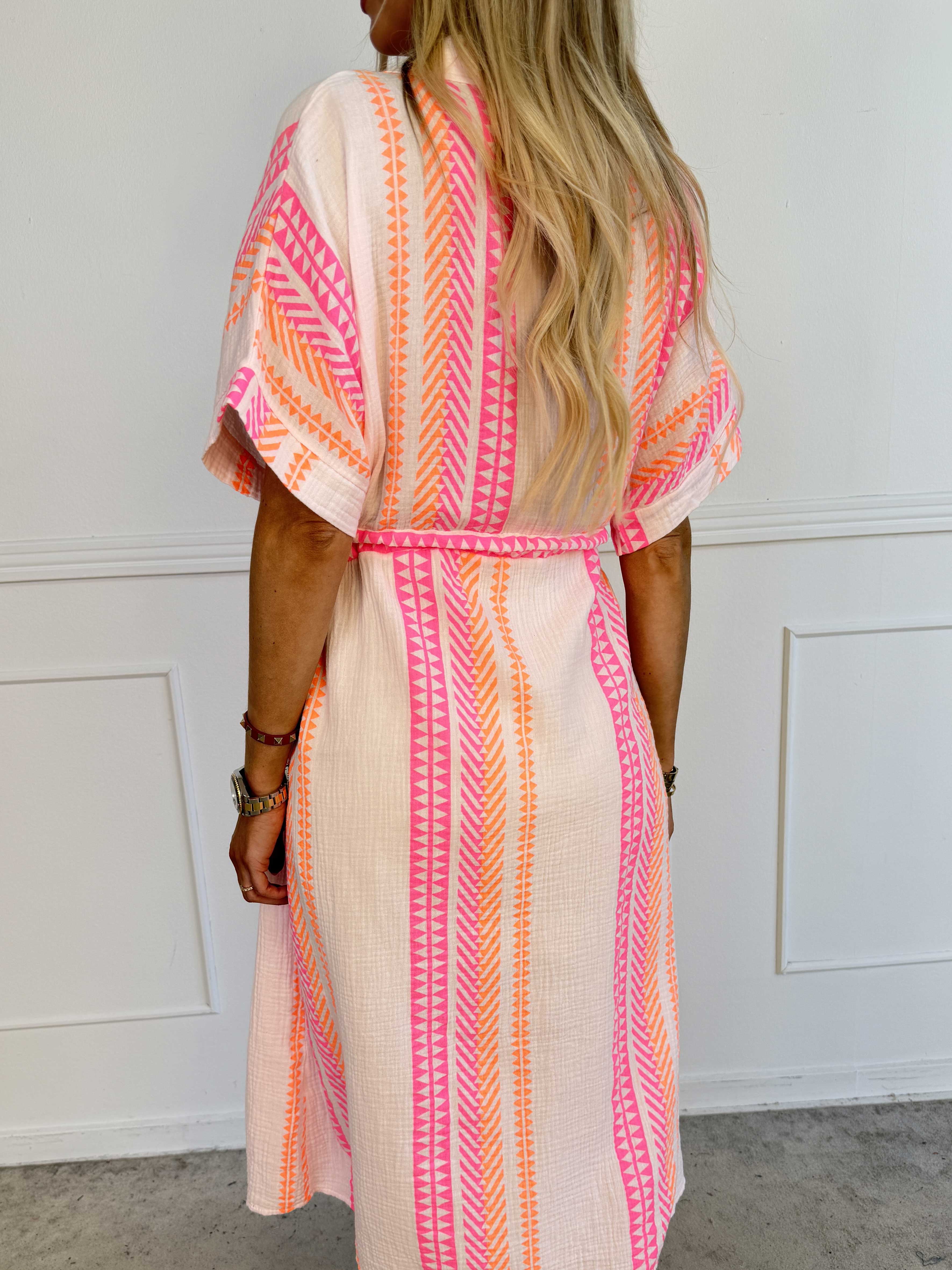 Aleftine - Lang skjortekjole i bomuld med neonstriber