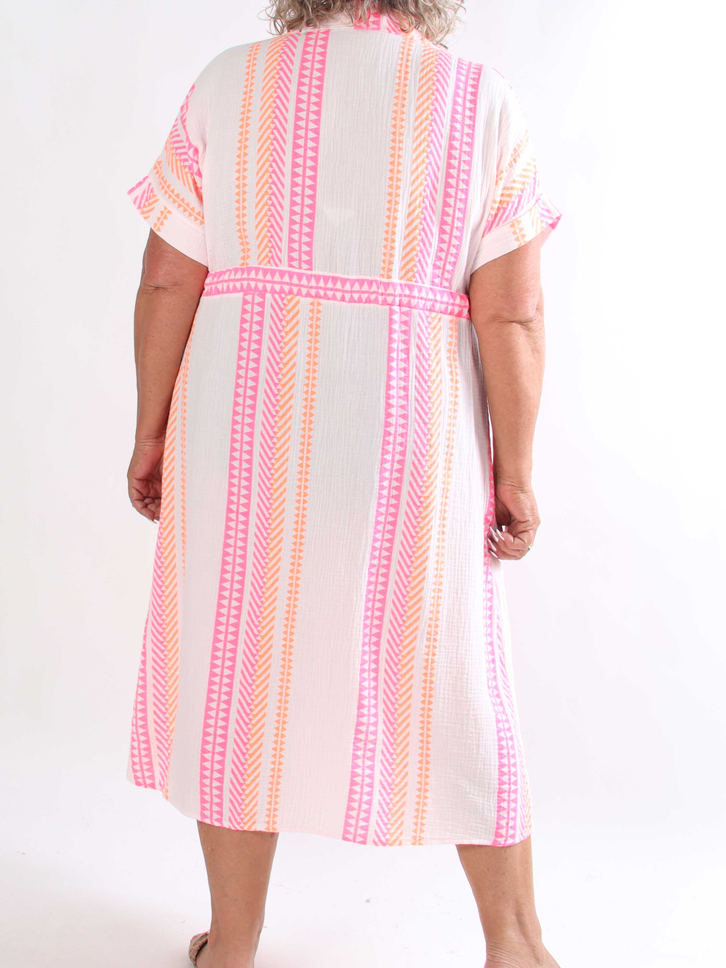 Aleftine - Plus size skjortekjole i bomuld med neonstriber