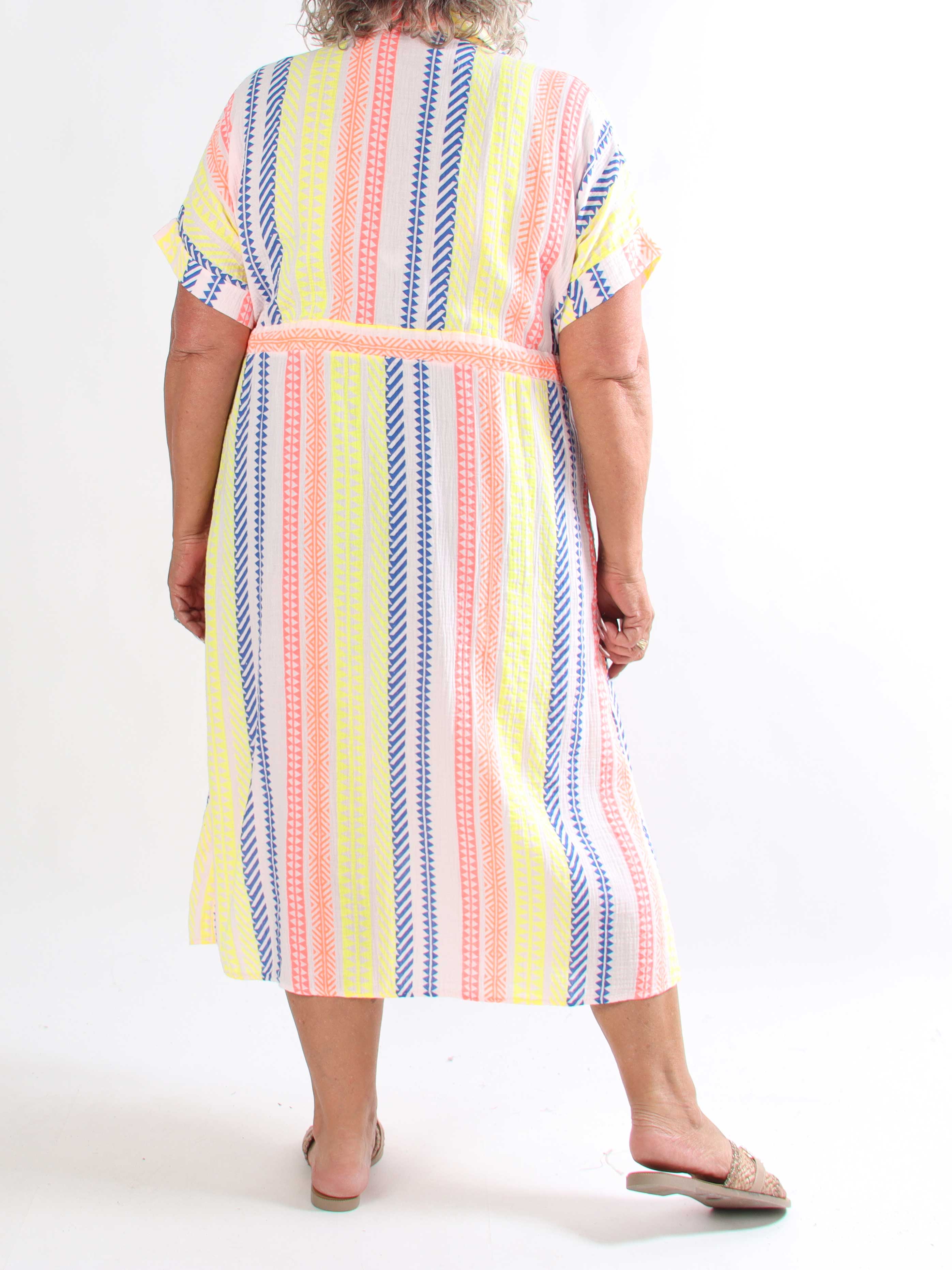 Aleftine - Plus size skjortekjole i bomuld med neonstriber