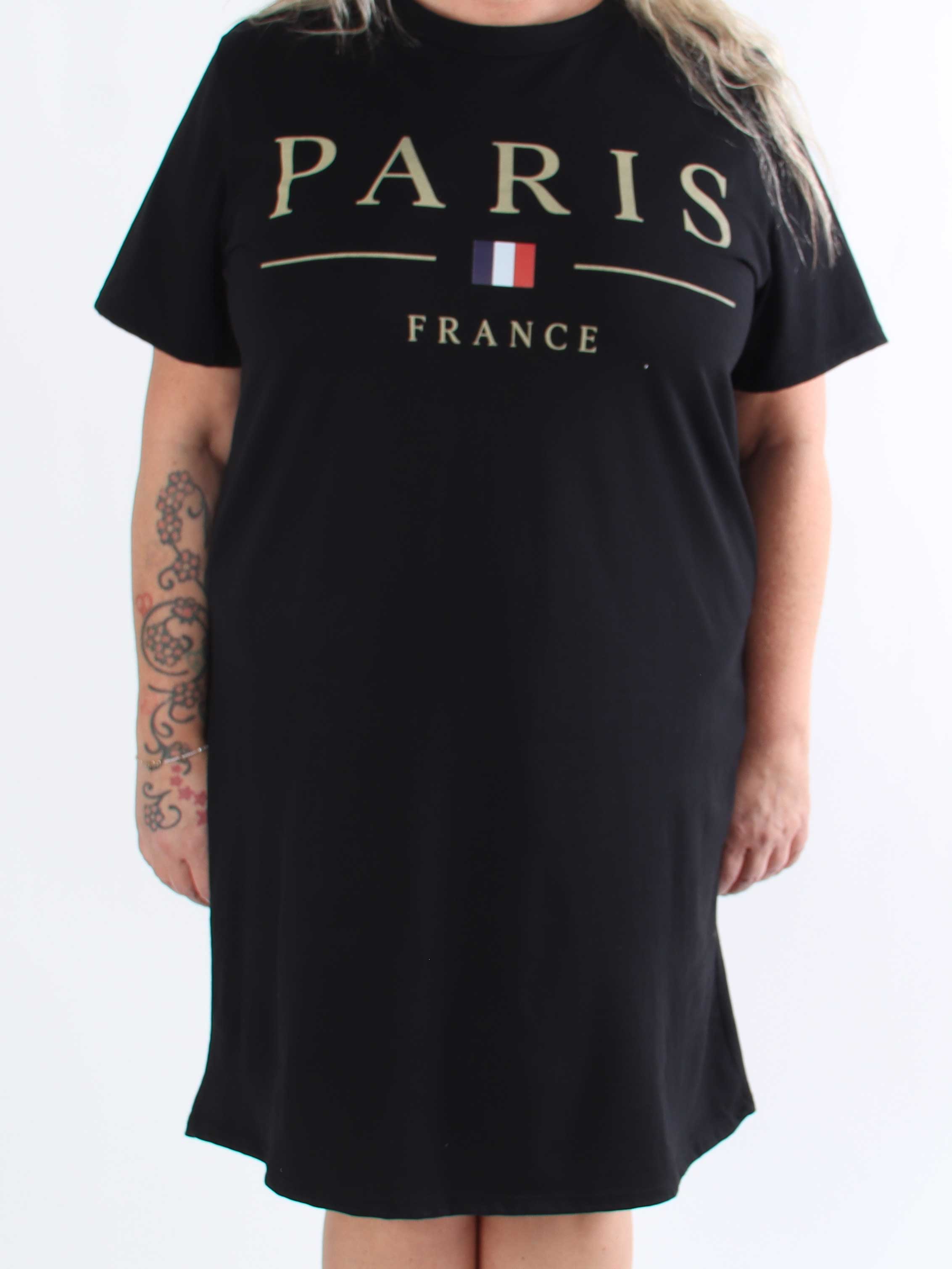 Alice - Plus size kjole i bomuld med Paris stående på brystet