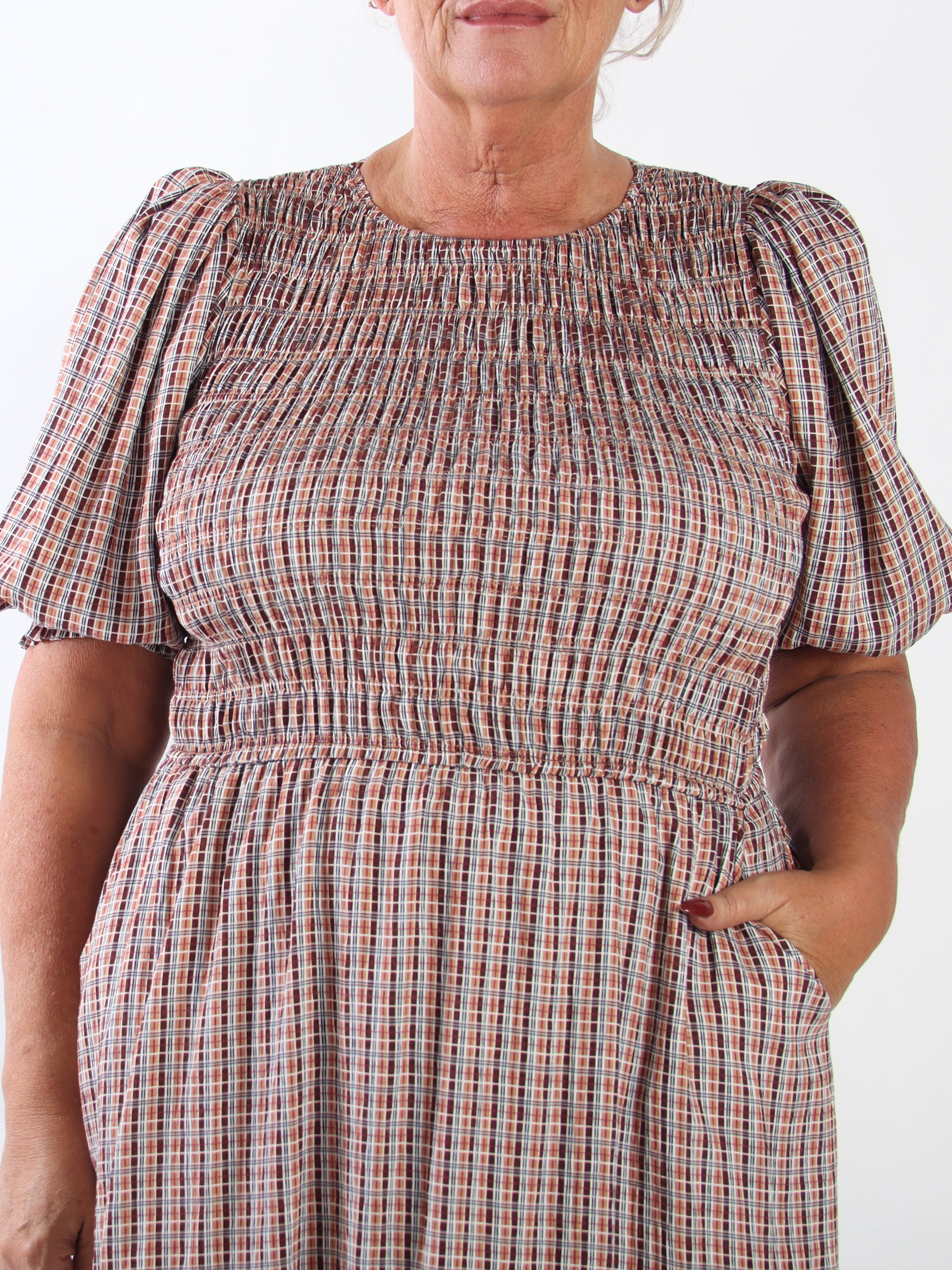 Amalie Check - Fin ternet plus size kjole i viskose med smock over brystet og søde pufærmer
