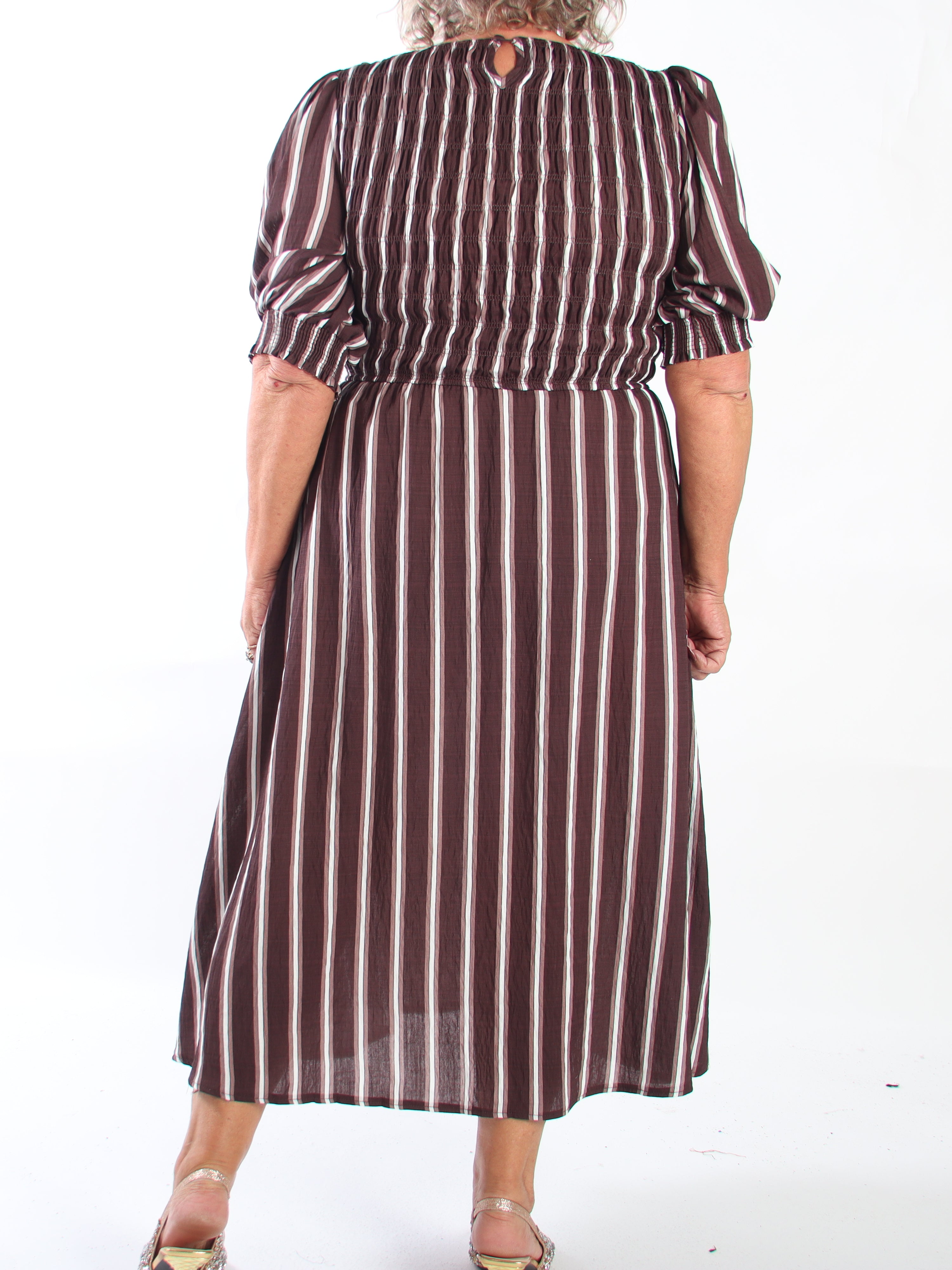 Amalie - Feminin stribet plus size kjole i viskose med smock over brystet og søde pufærmer