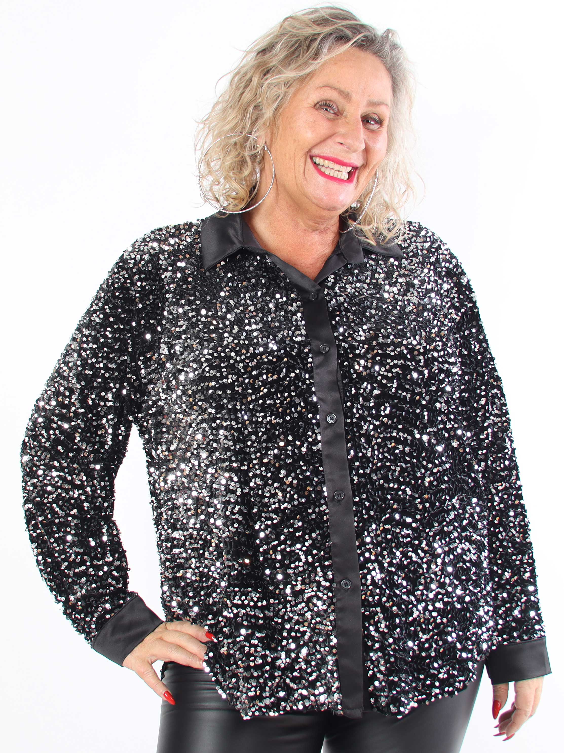 Anicha - Smuk plus size skjorte med pailletter og velour