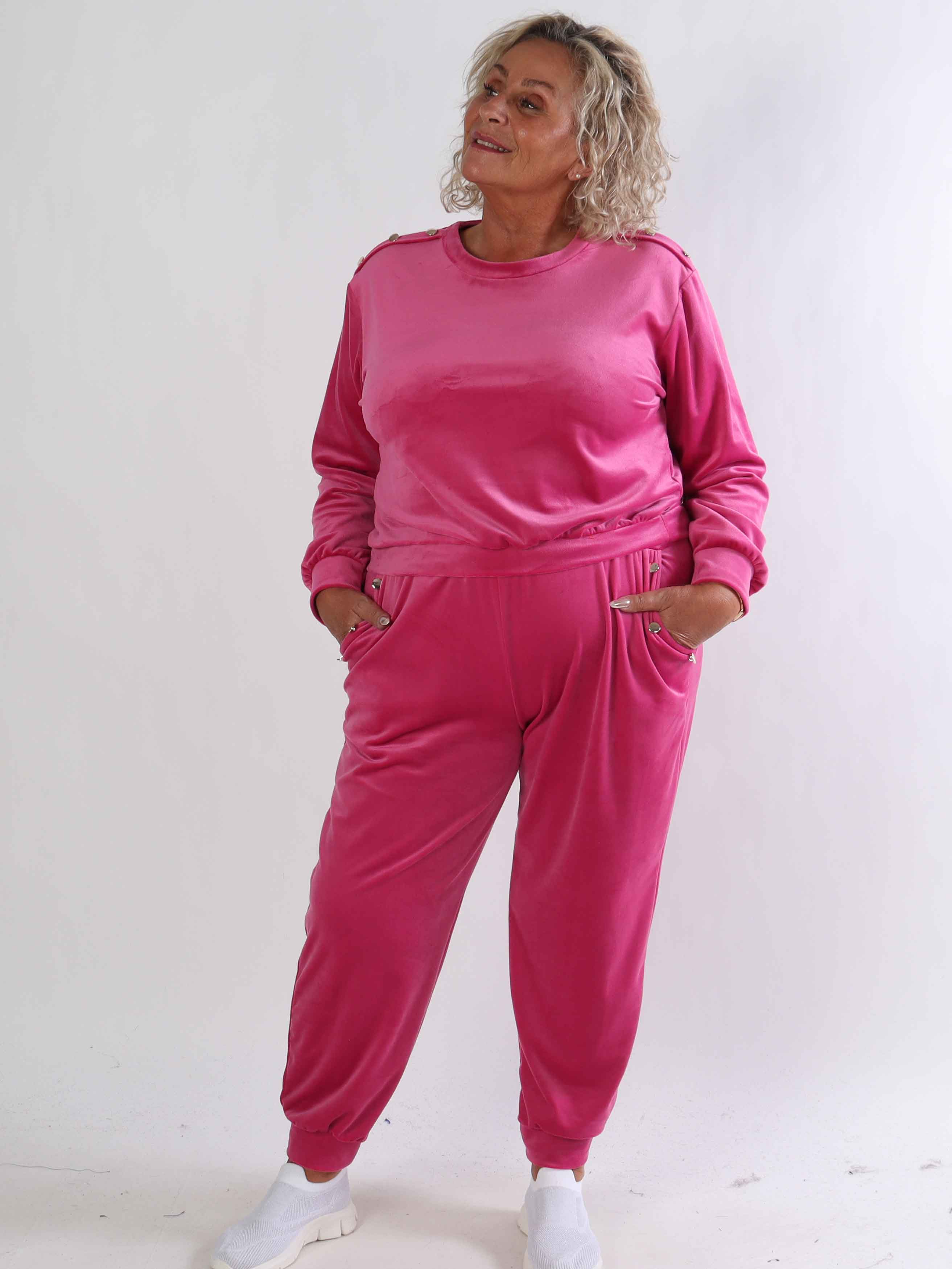 Arina - Blødt velour plus size joggingsæt med guld knapper