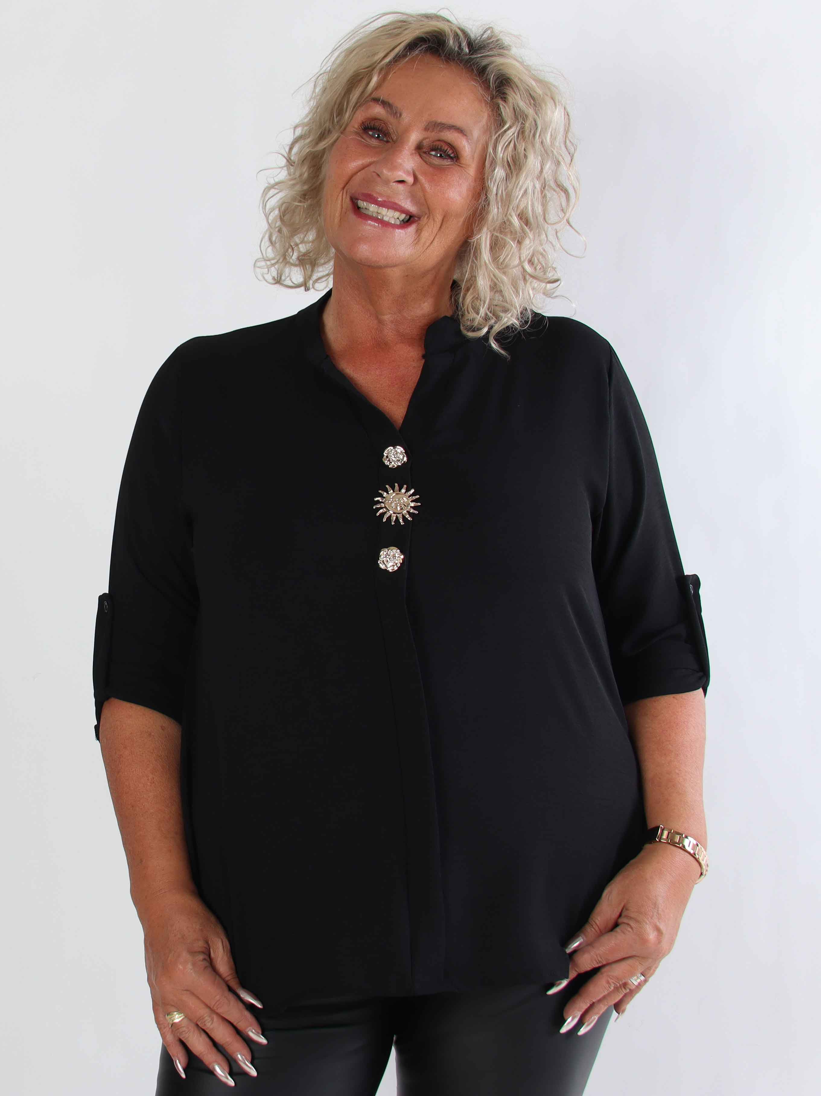 Bekka - Plus size skjorte i viskose med guld knapper og broche