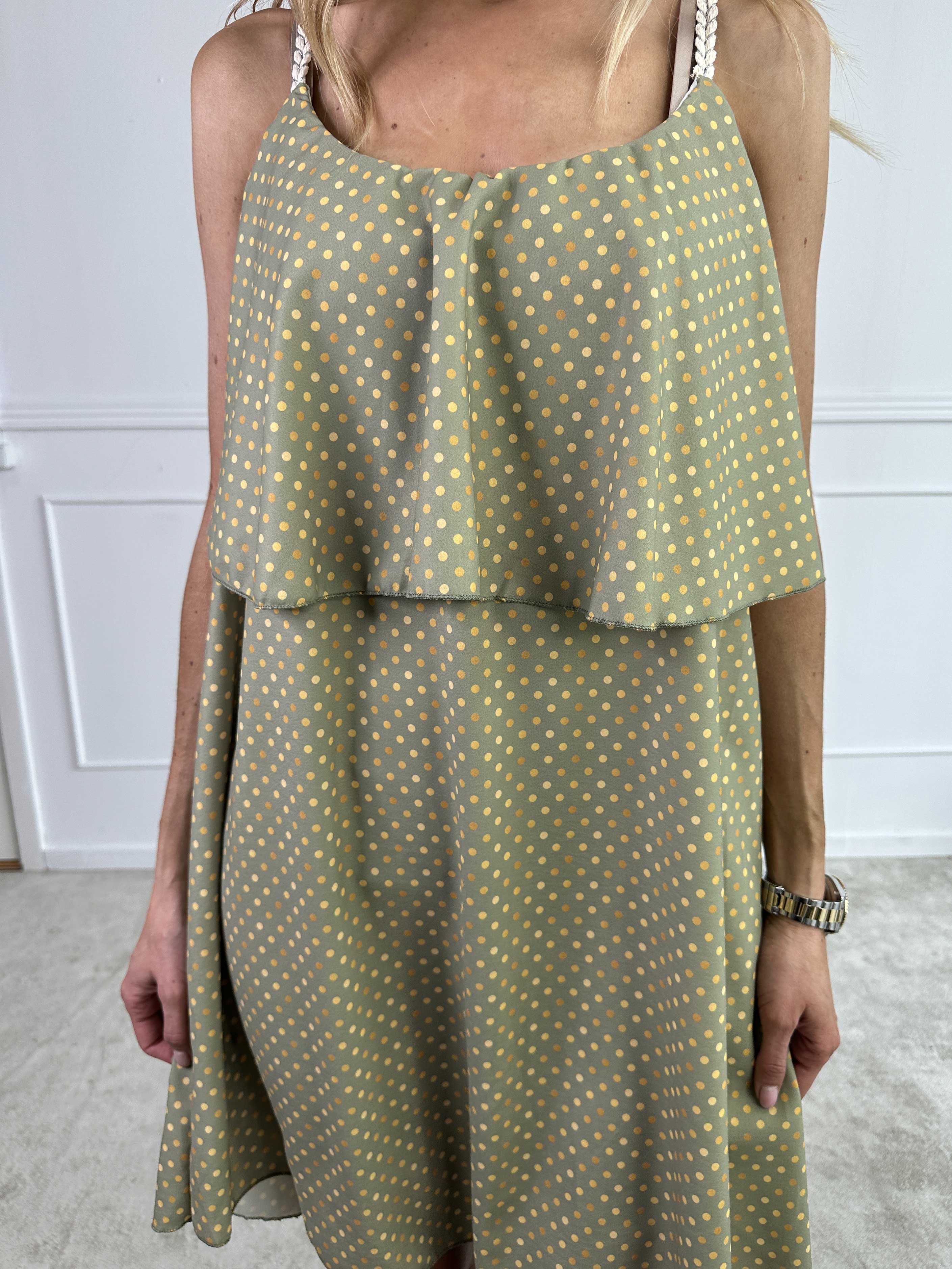 Blanca Dot - Prikket kjole med flæsekant og flettede stropper