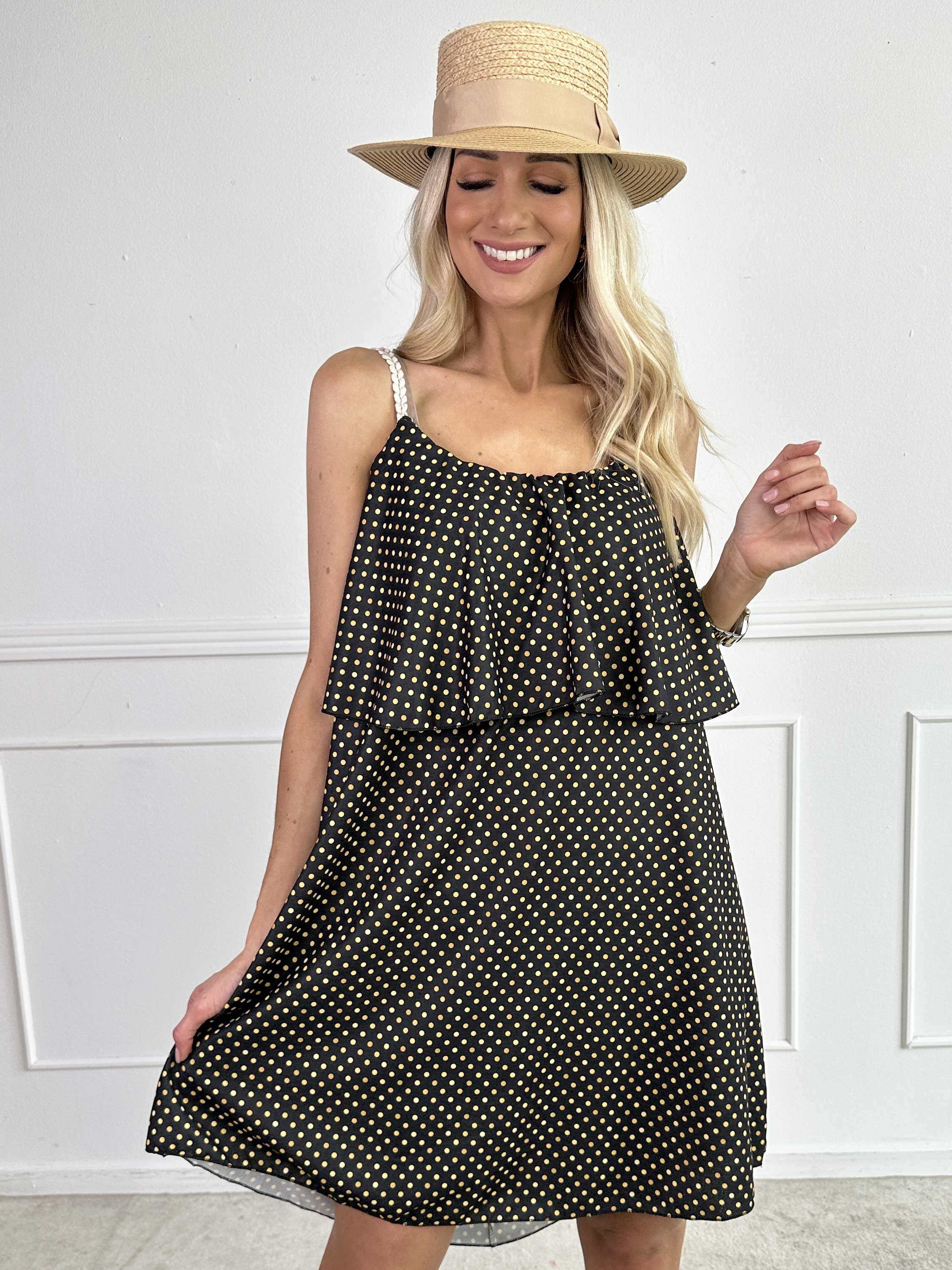 Blanca Dot - Prikket kjole med flæsekant og flettede stropper