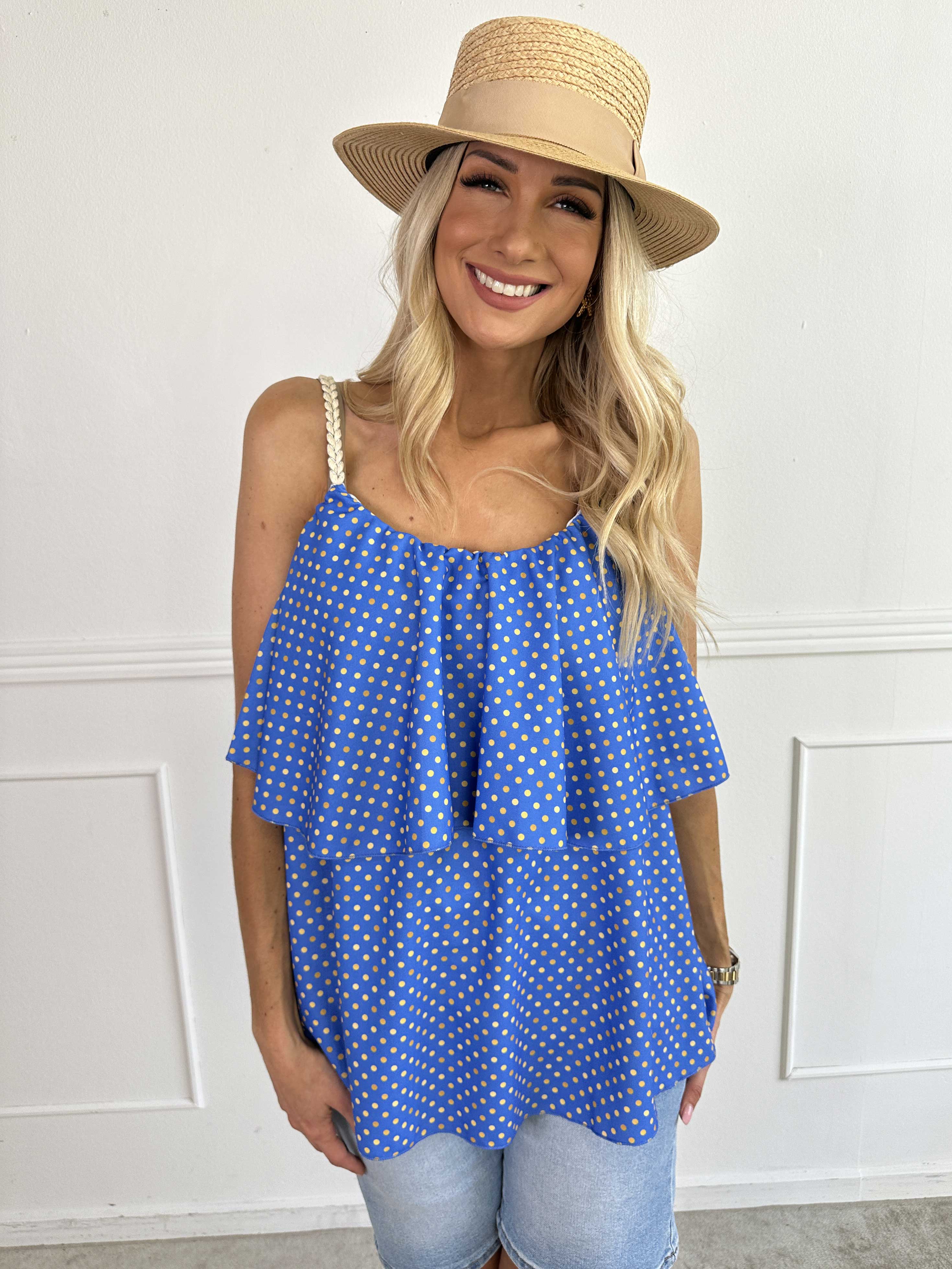 Blanca Dot Top - Prikket top med flæsekant og flettede stropper