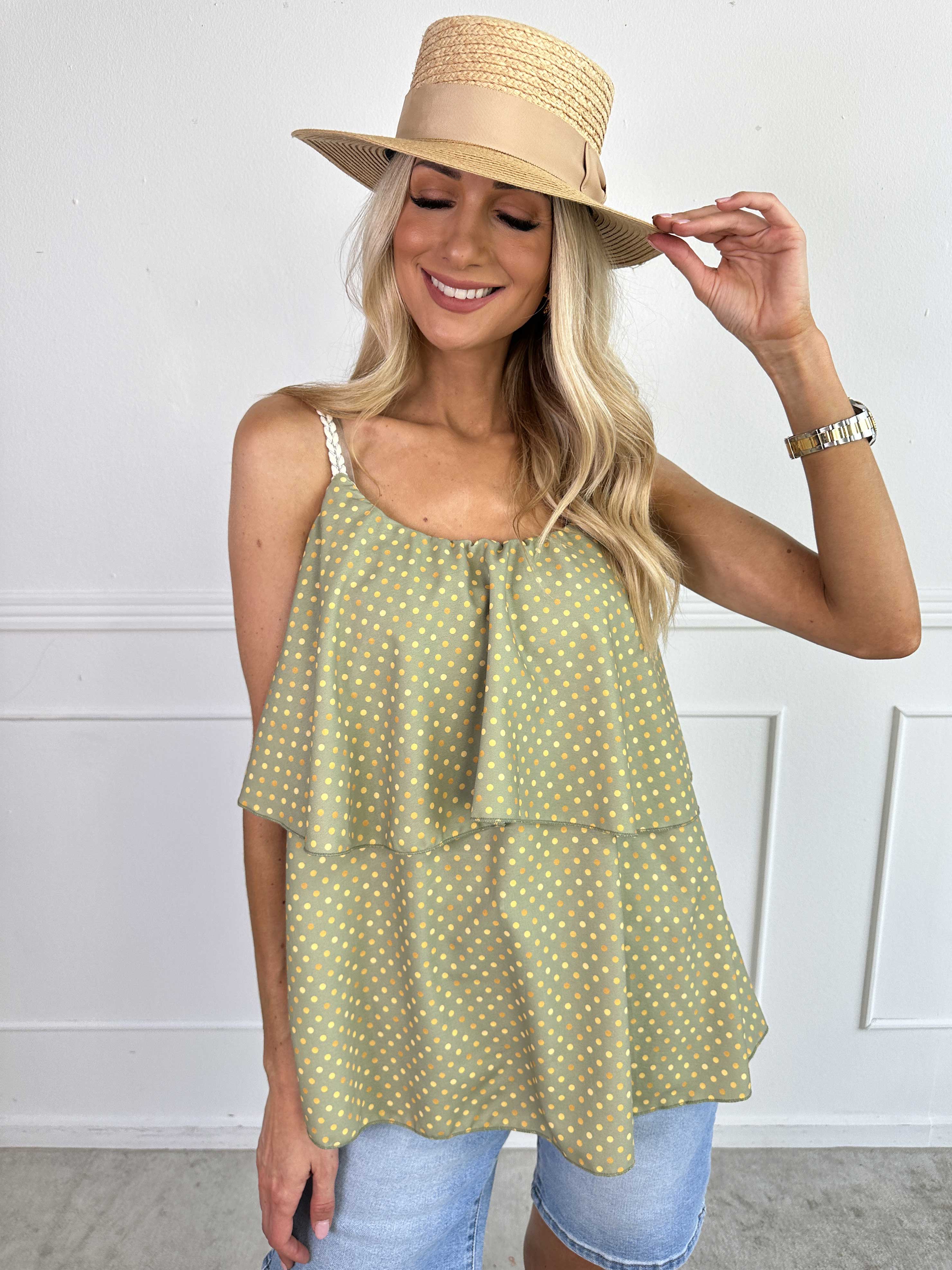 Blanca Dot Top - Prikket top med flæsekant og flettede stropper