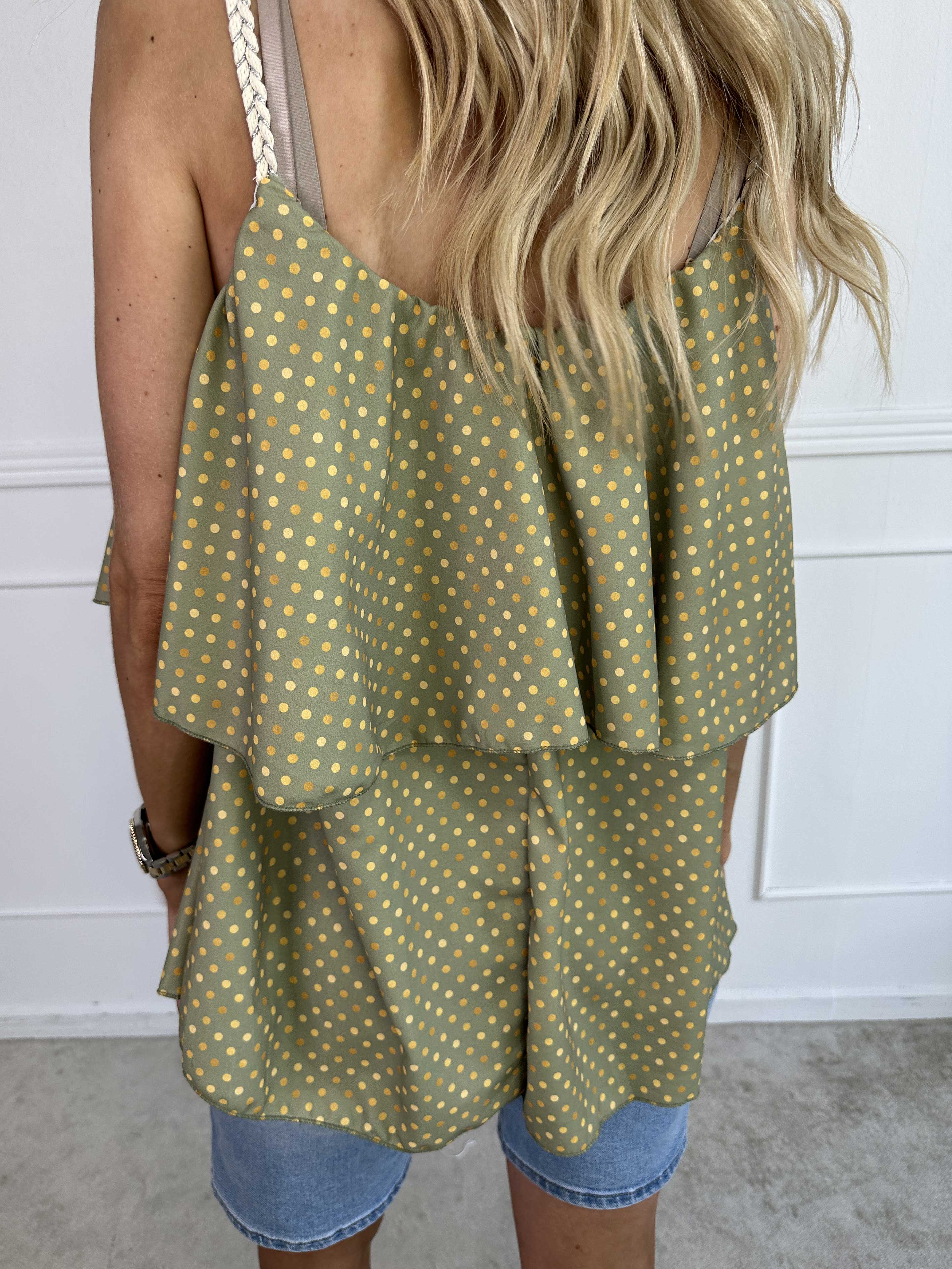 Blanca Dot Top - Prikket top med flæsekant og flettede stropper