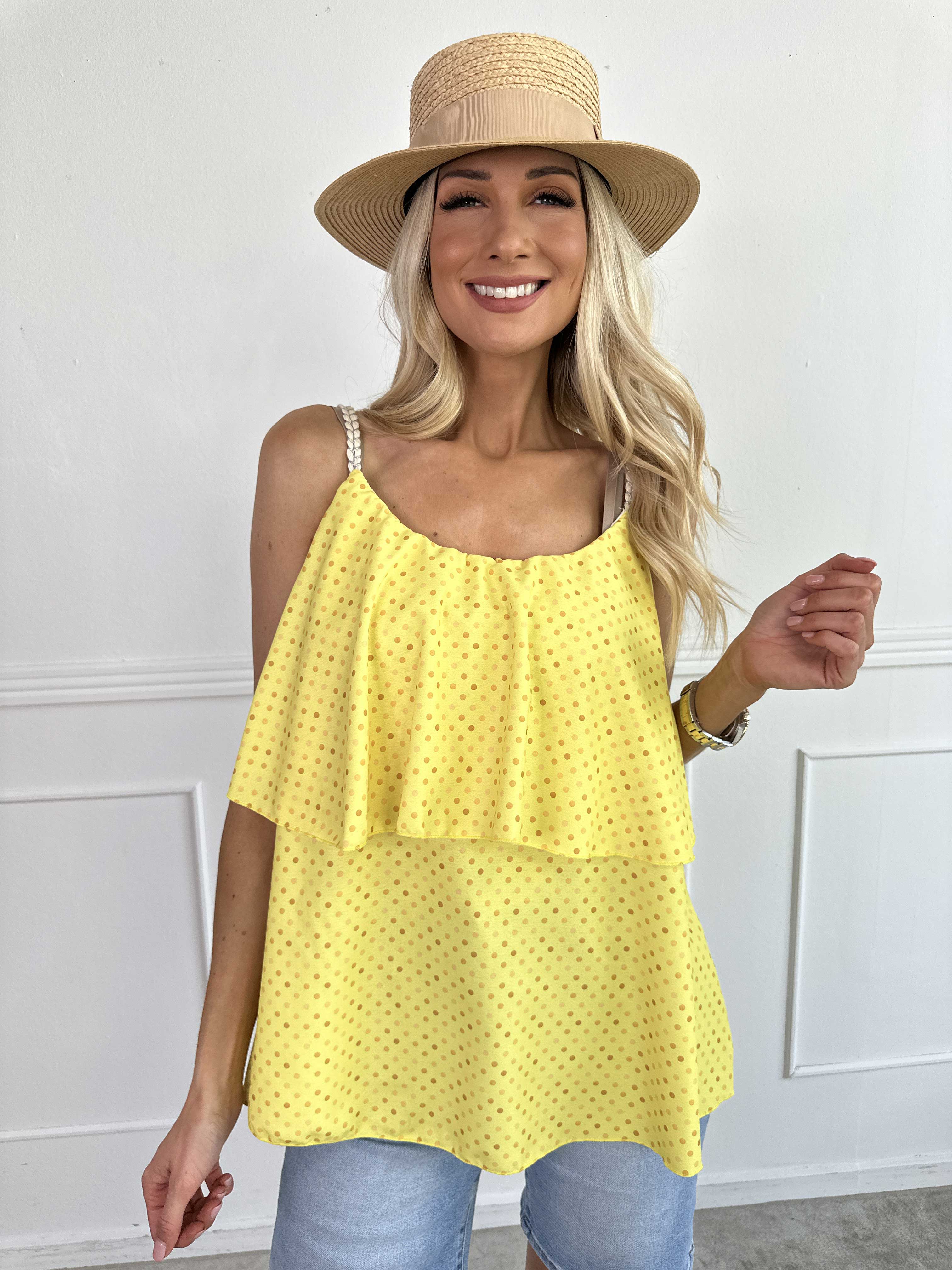 Blanca Dot Top - Prikket top med flæsekant og flettede stropper