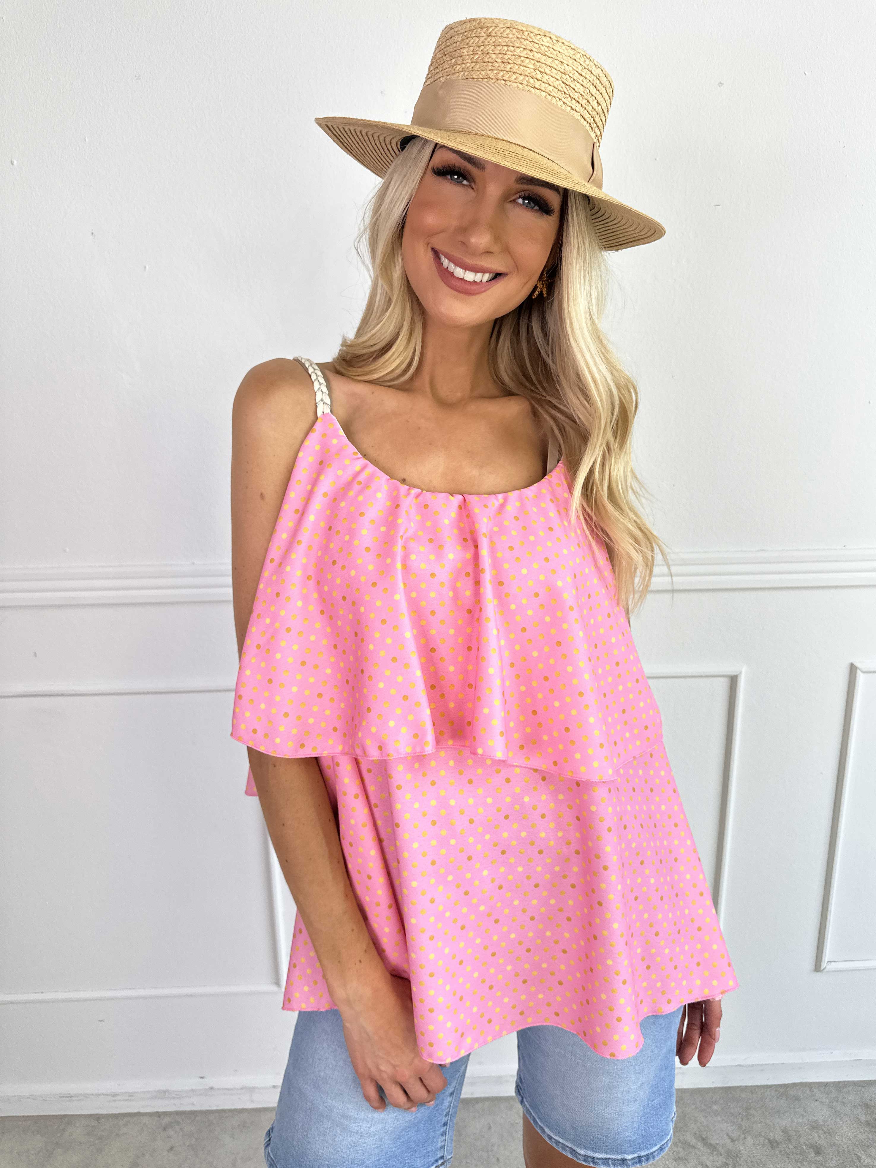 Blanca Dot Top - Prikket top med flæsekant og flettede stropper