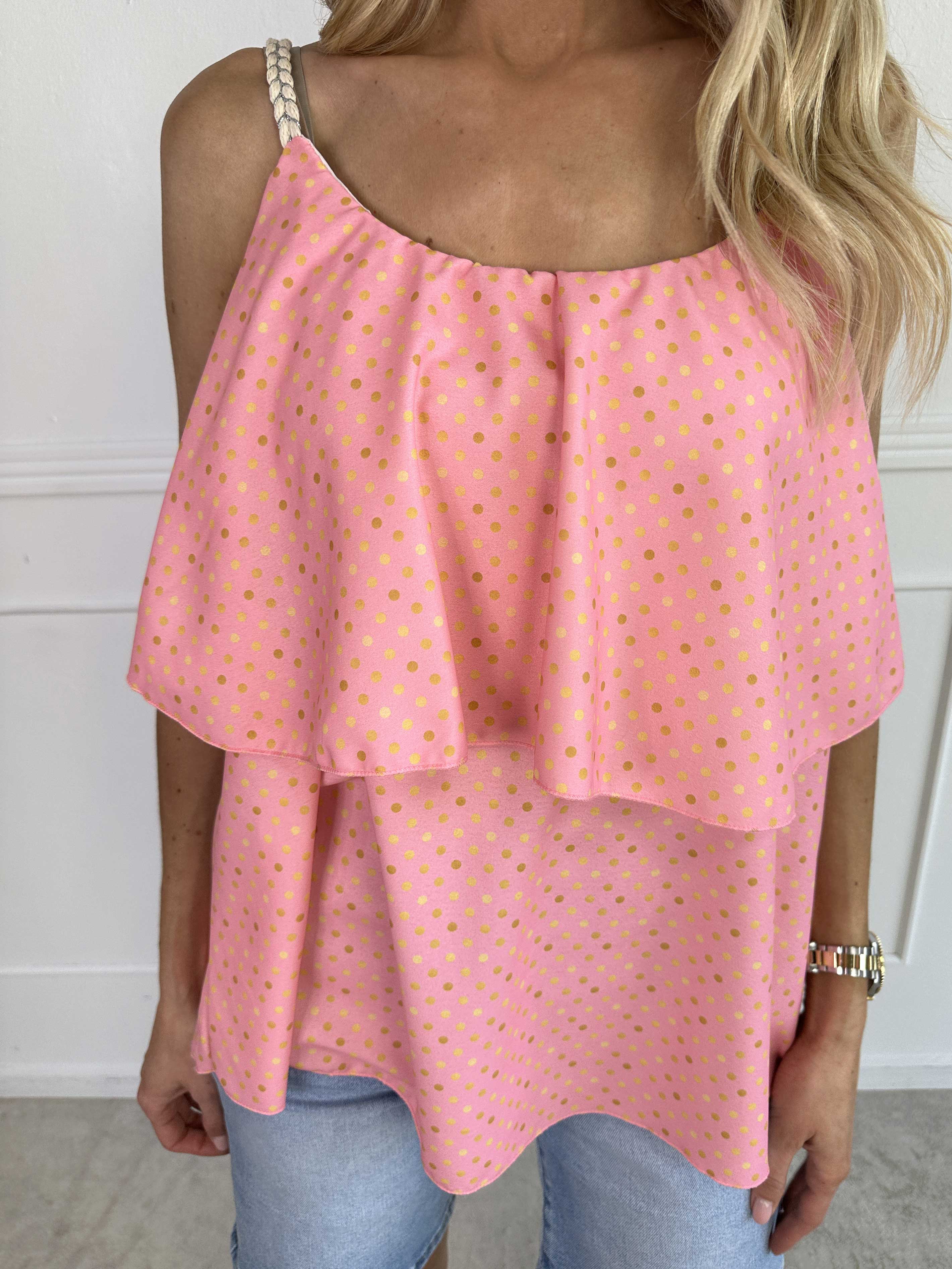 Blanca Dot Top - Prikket top med flæsekant og flettede stropper