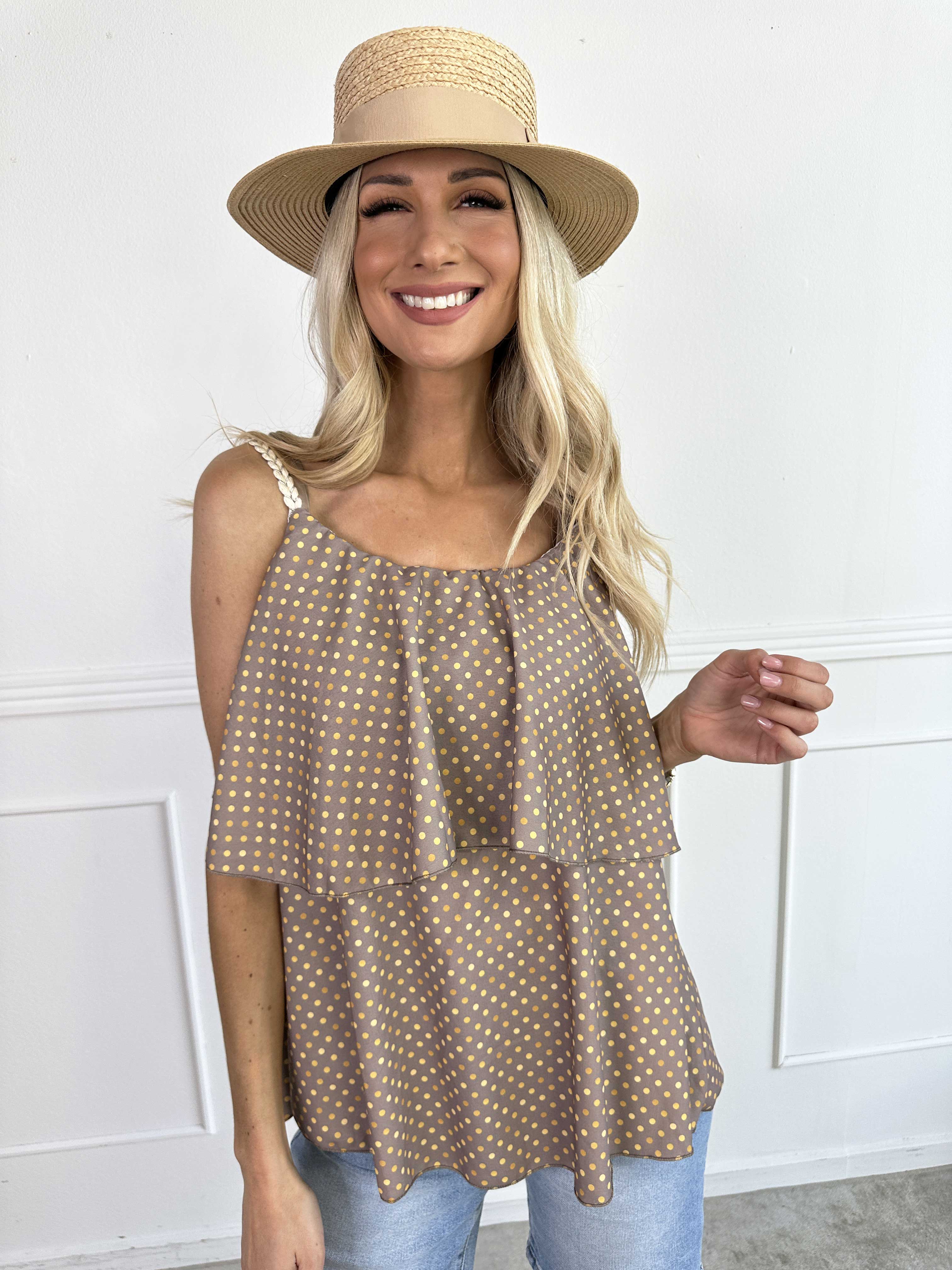 Blanca Dot Top - Prikket top med flæsekant og flettede stropper