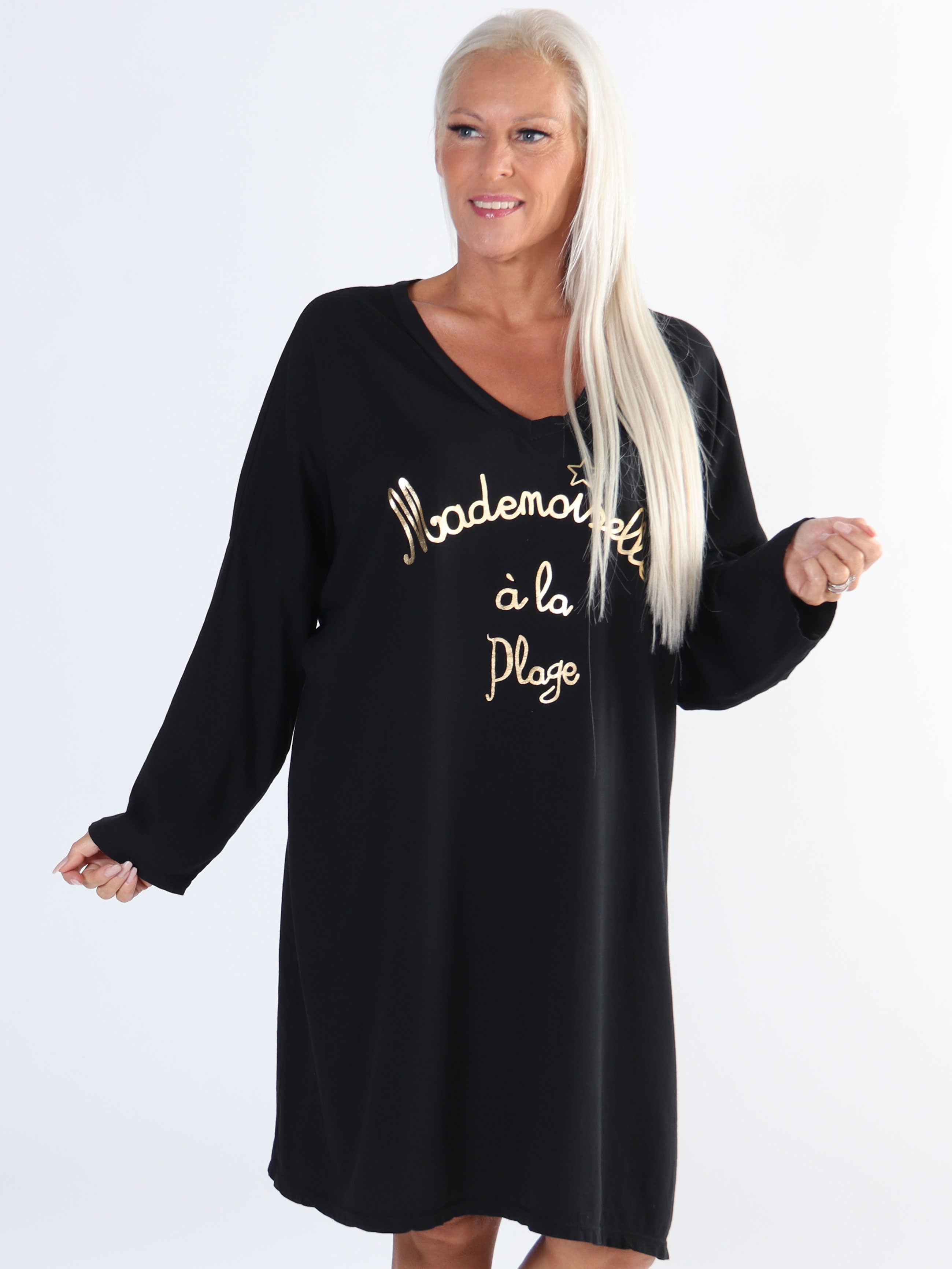 Bree Long Sleeve - Plus size kjole i bomuld med guld tekst foran