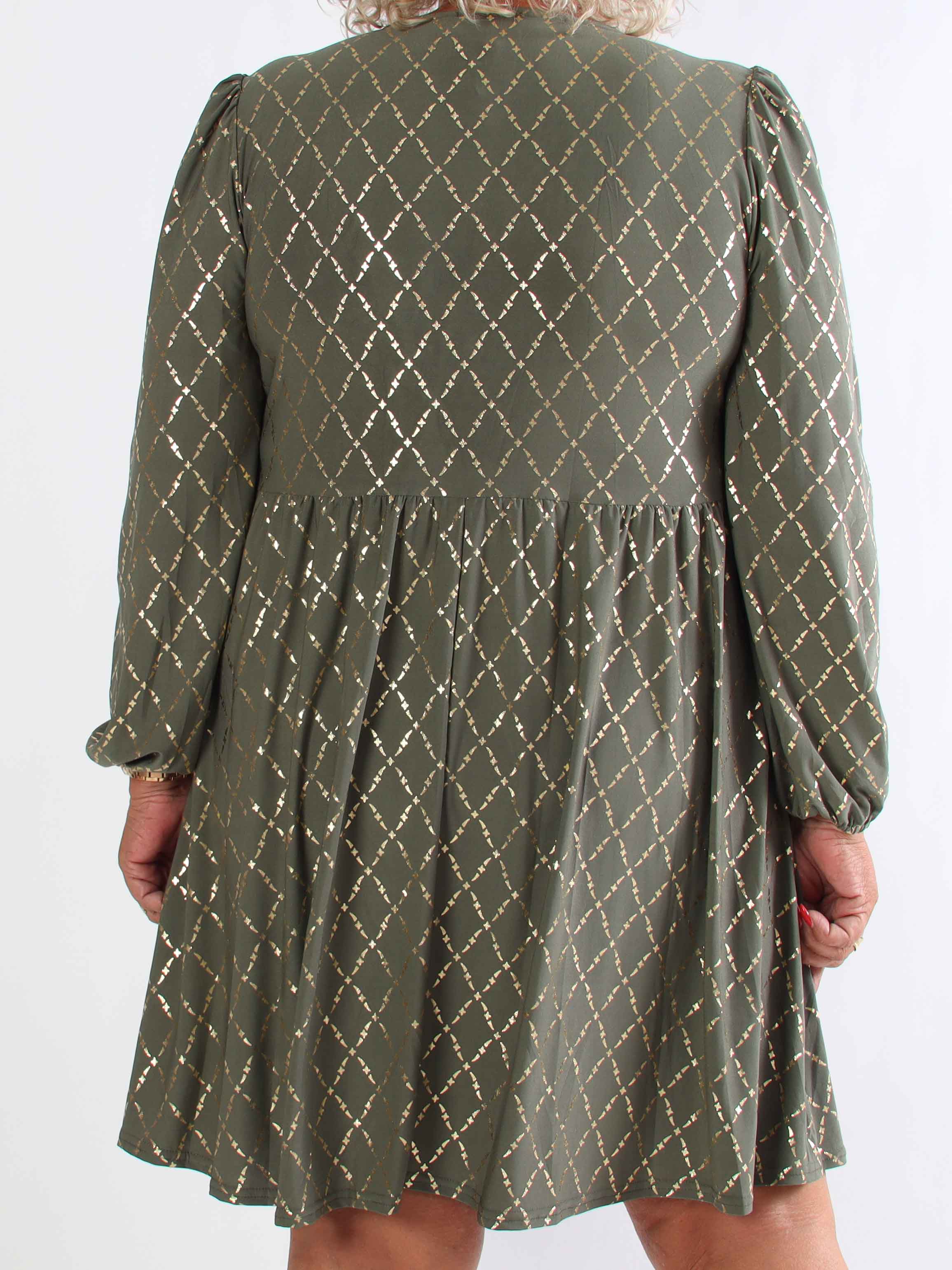 Cersei Gold Check - Plus size babydoll kjole med guldprint og sløjfer