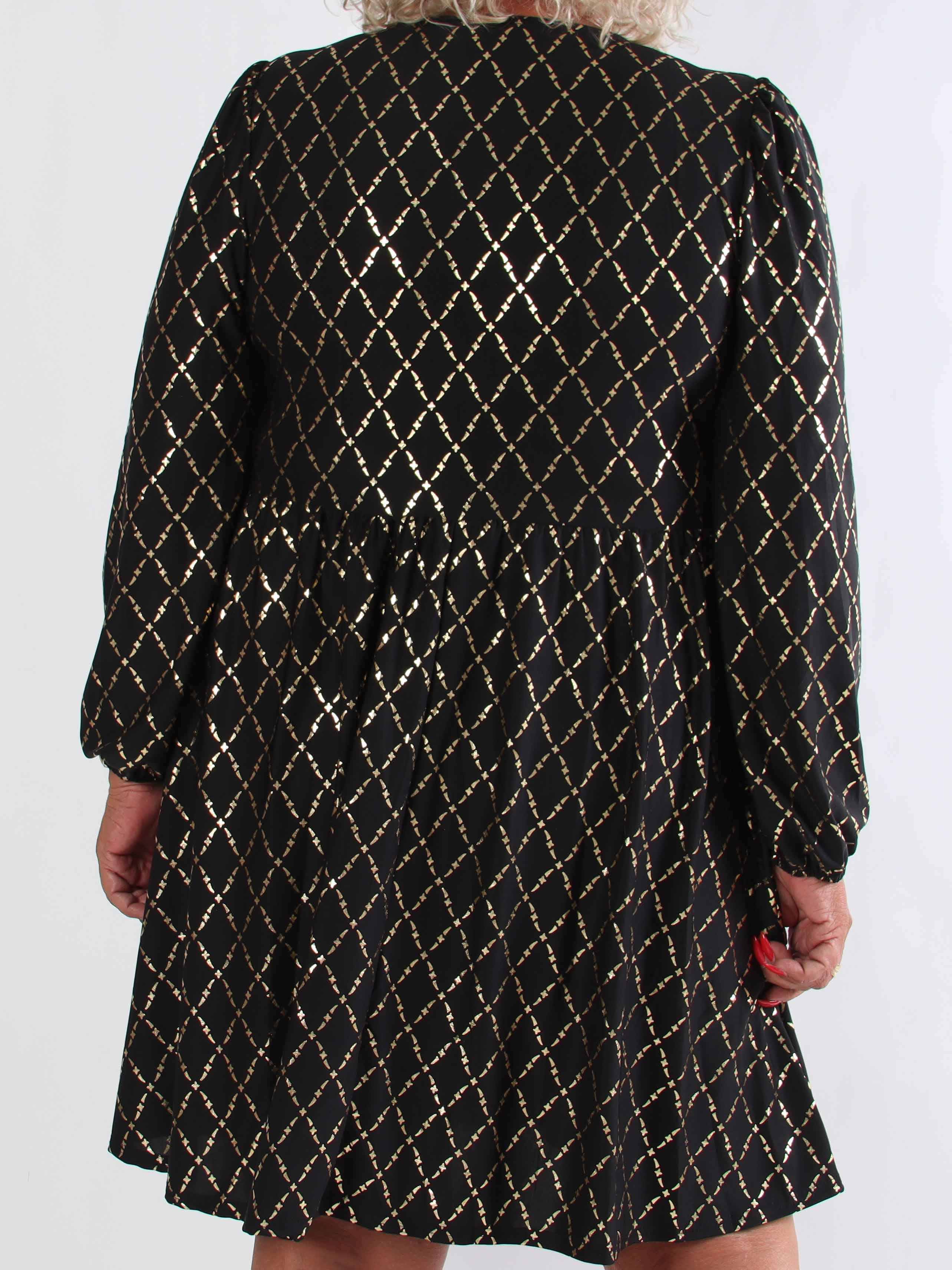 Cersei Gold Check - Plus size babydoll kjole med guldprint og sløjfer