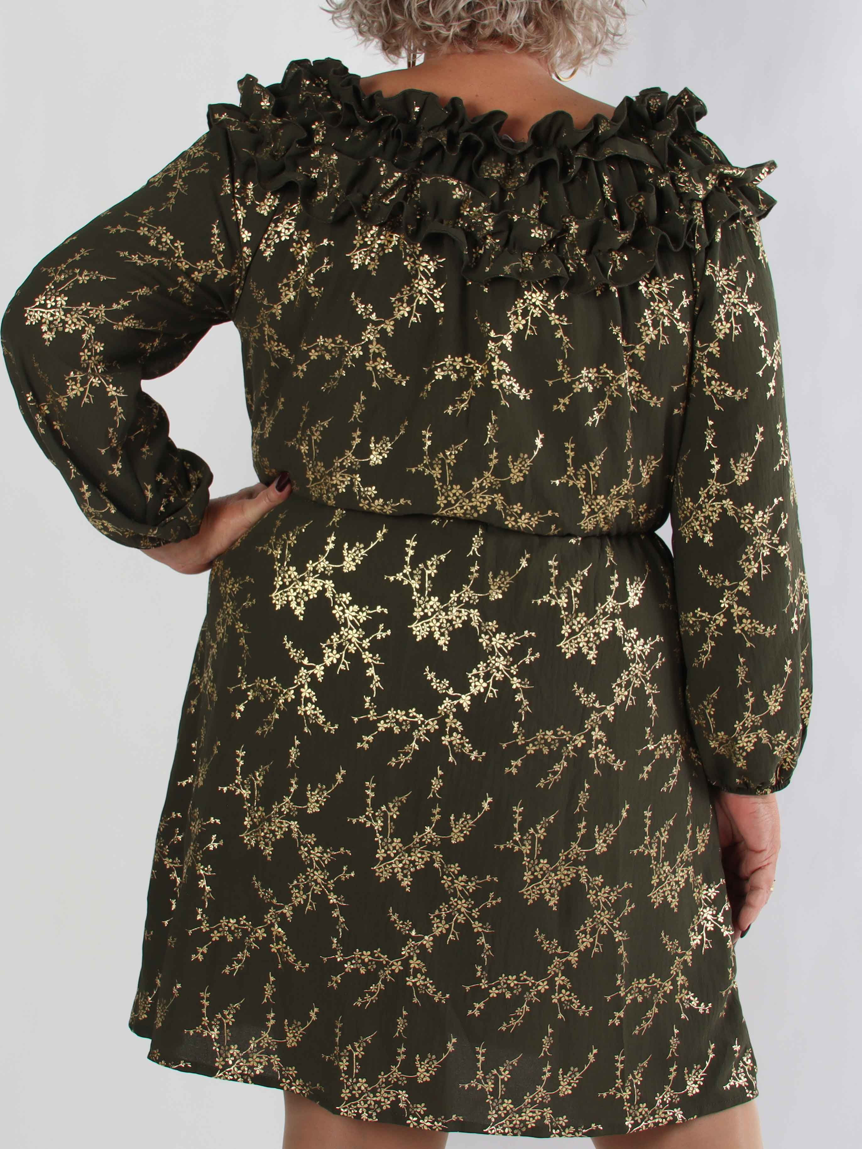 Chili Gold Fitted Dress - Plus size kjole i guld print med flæsekant og elastik i taljen