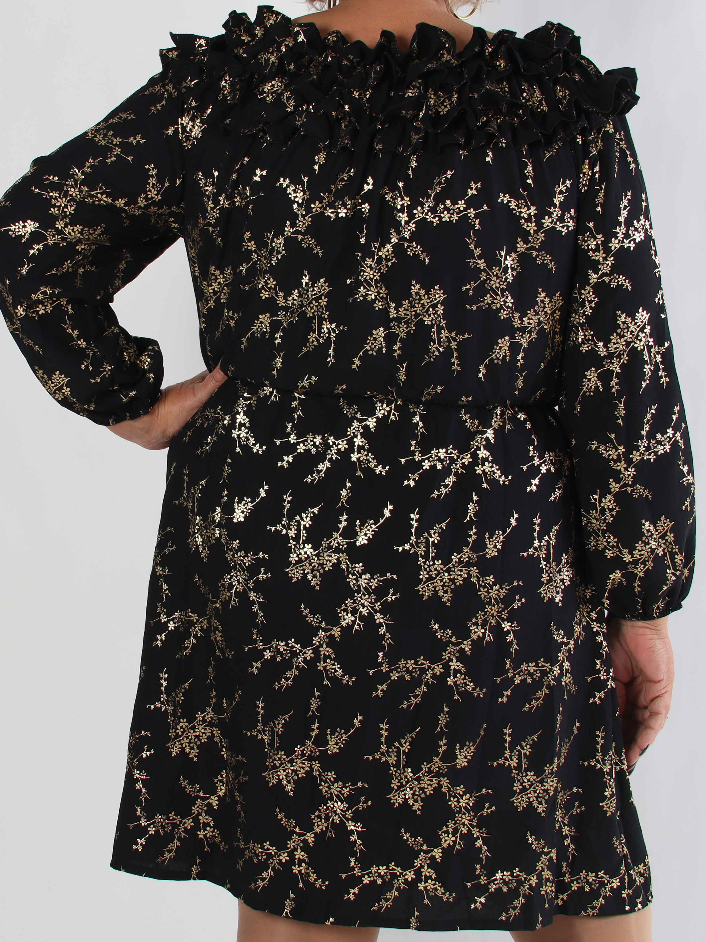 Chili Gold Fitted Dress - Plus size kjole i guld print med flæsekant og elastik i taljen