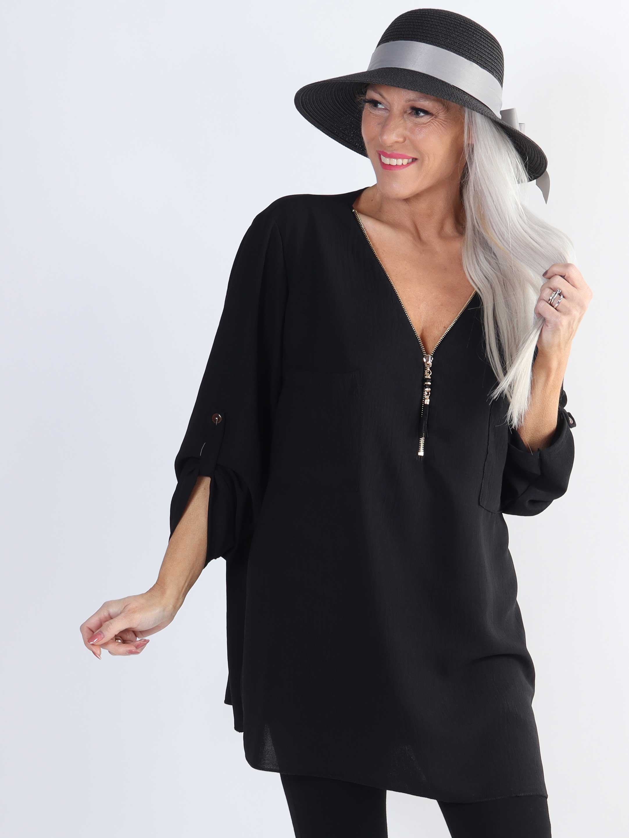 Claudia - Ensfarvet plus size tunika med lynlås