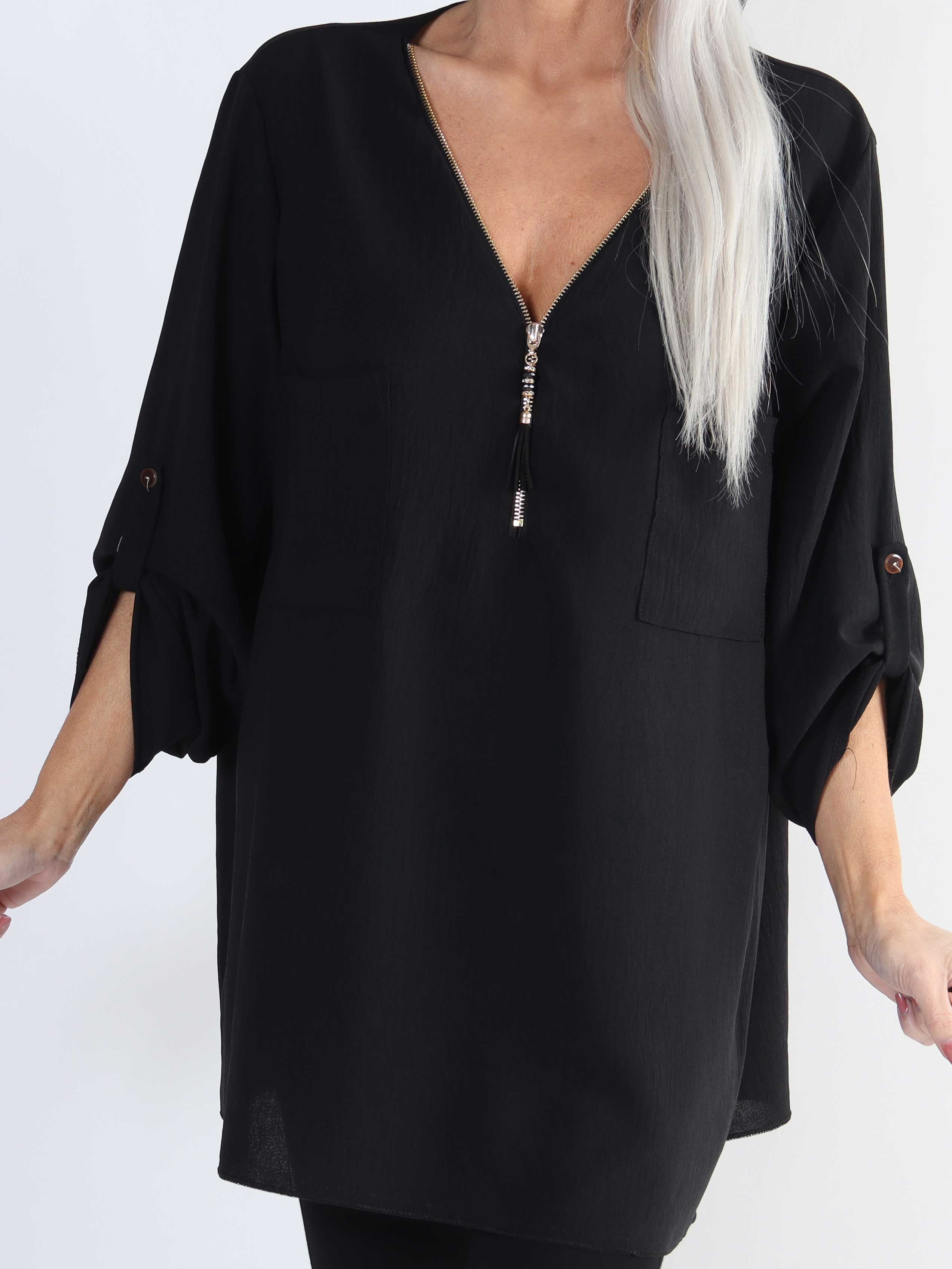 Claudia - Ensfarvet plus size tunika med lynlås