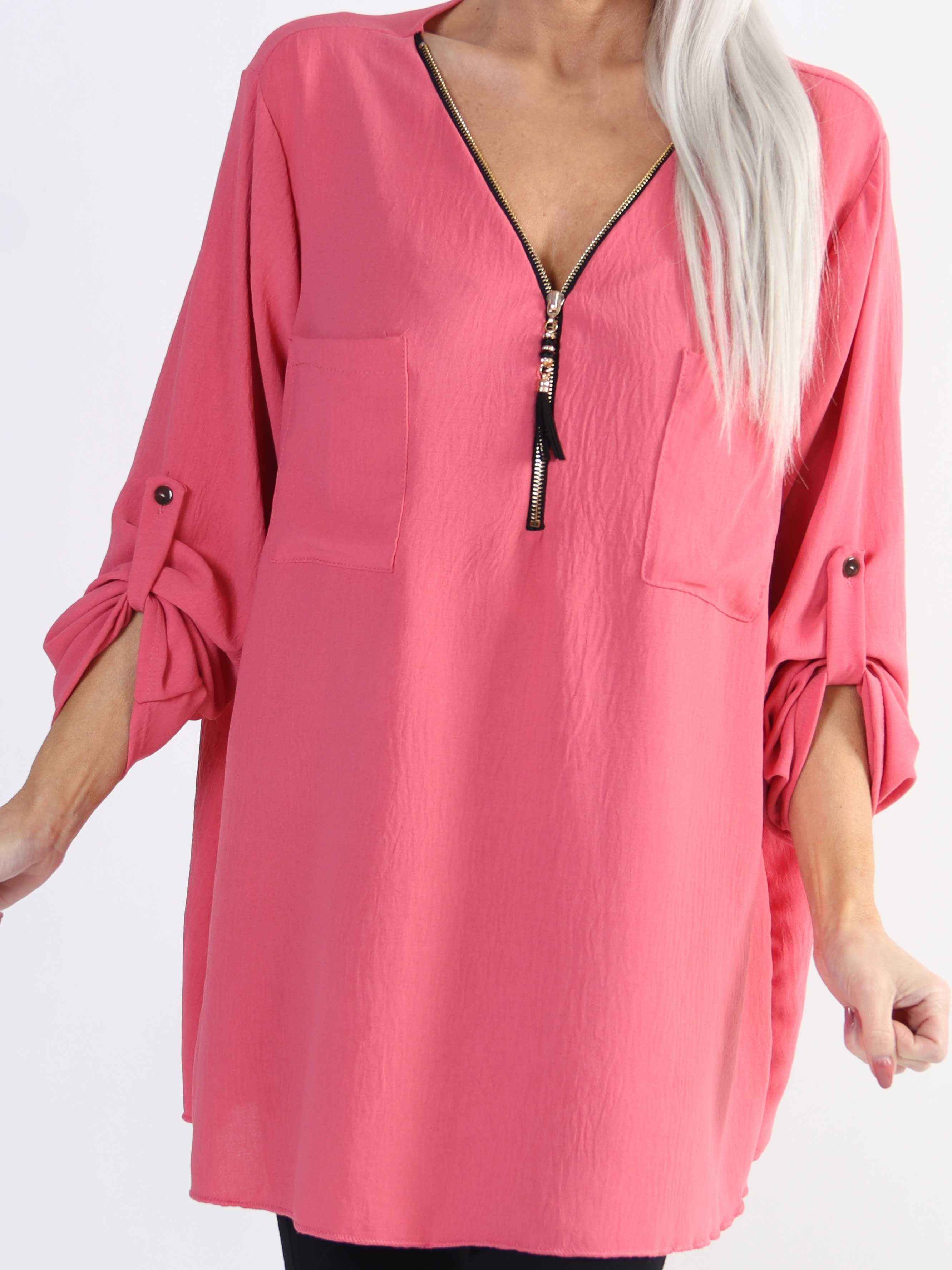 Claudia - Ensfarvet plus size tunika med lynlås