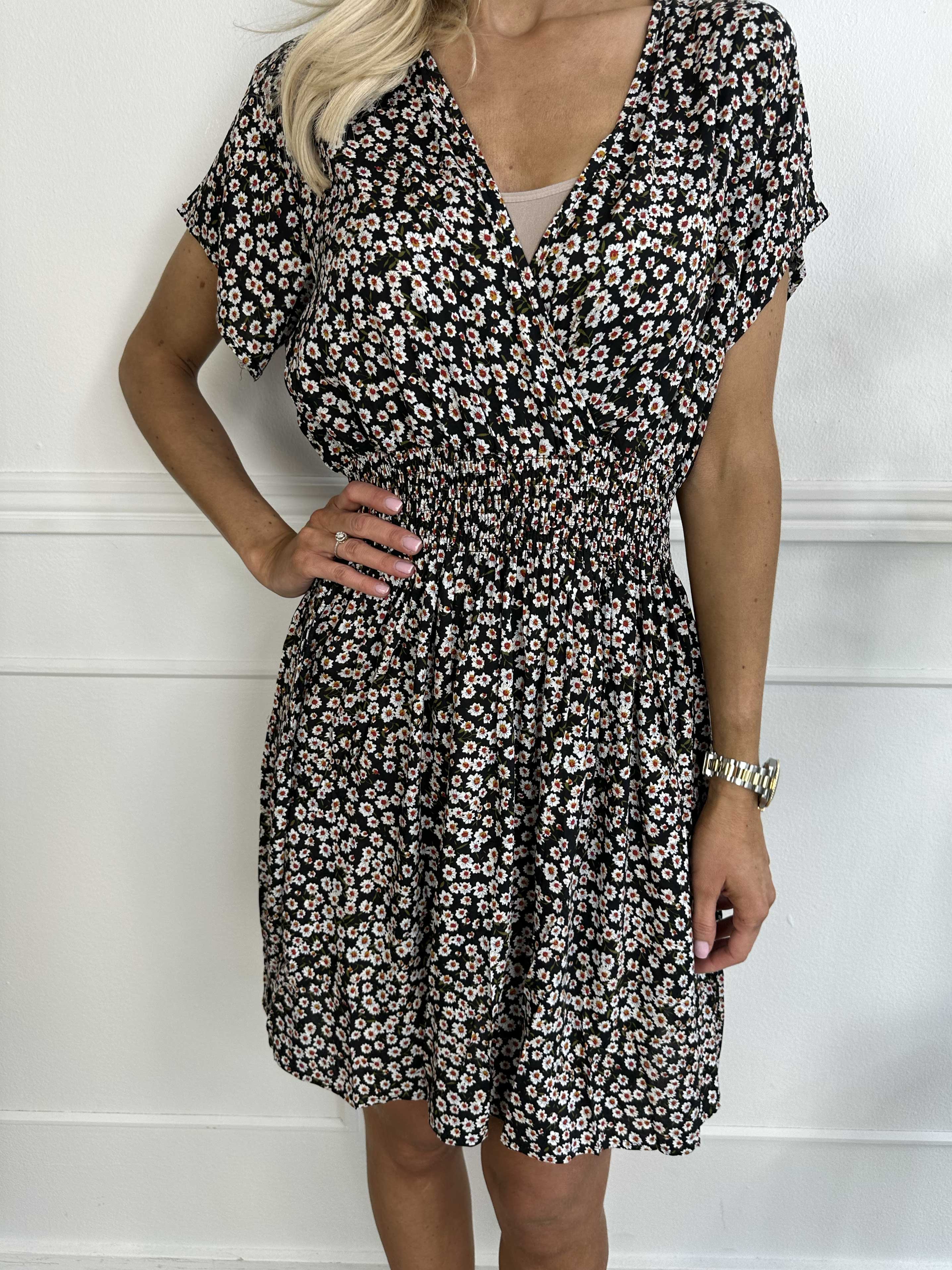 Clementine - Småblomstret kjole med elastik i taljen